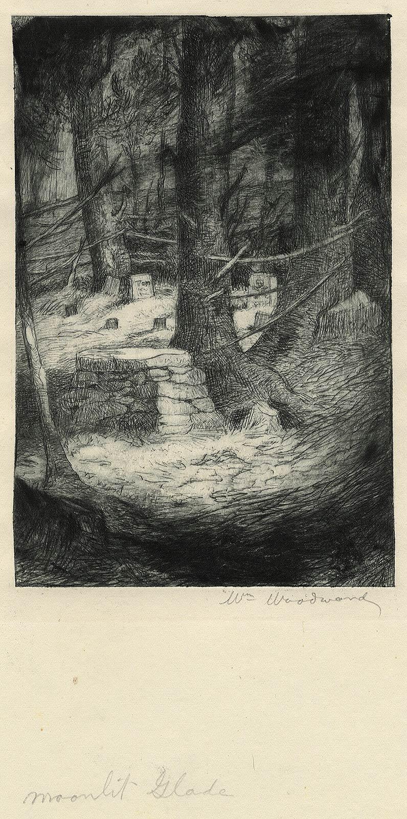 Moonlight Glade (pequeño cementerio privado en Nueva Inglaterra) - Still-Life Print Negro de William Woodward