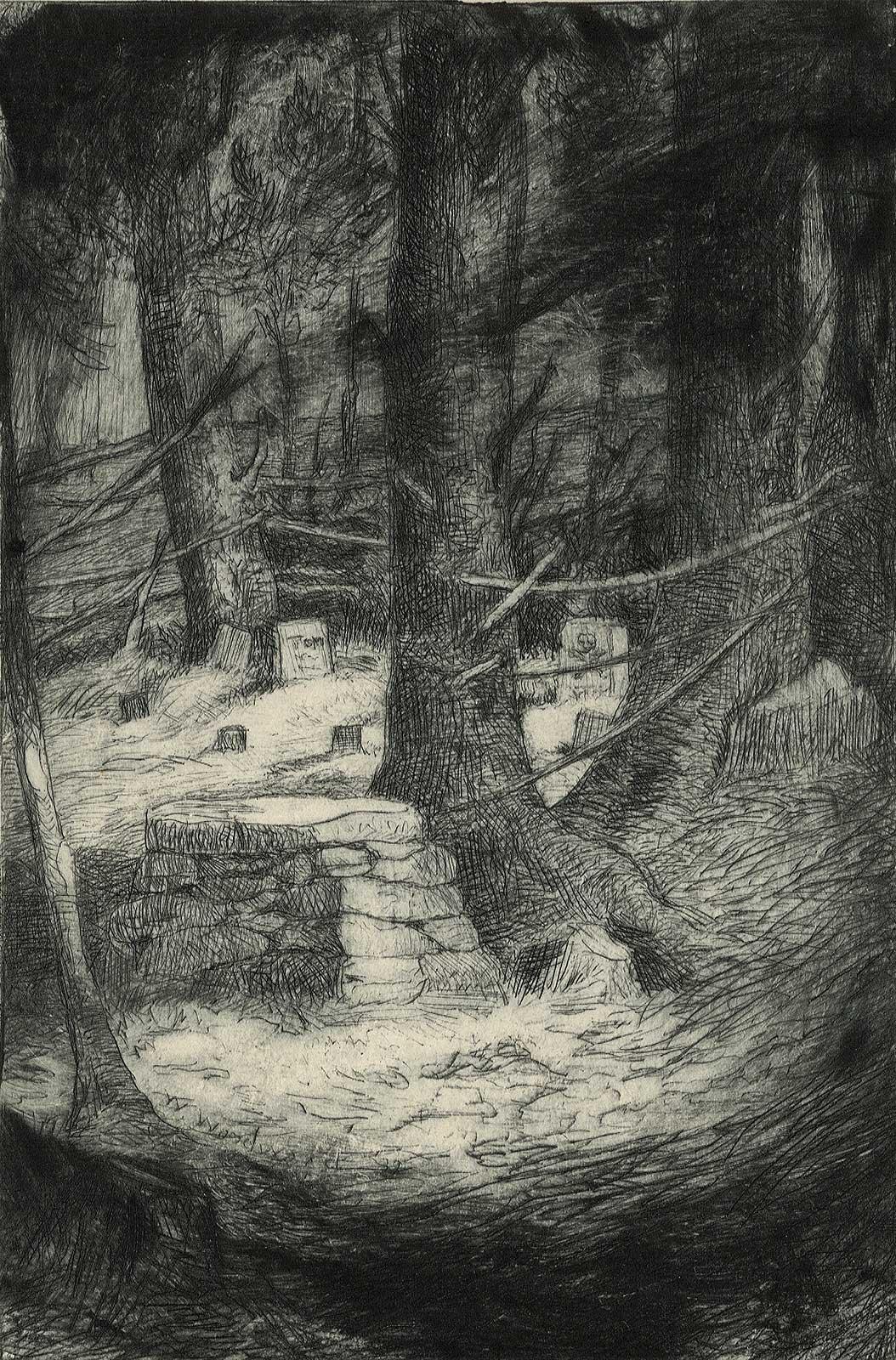 William Woodward Still-Life Print – Moonlight Glade (kleiner privater Friedhof in Neuengland)