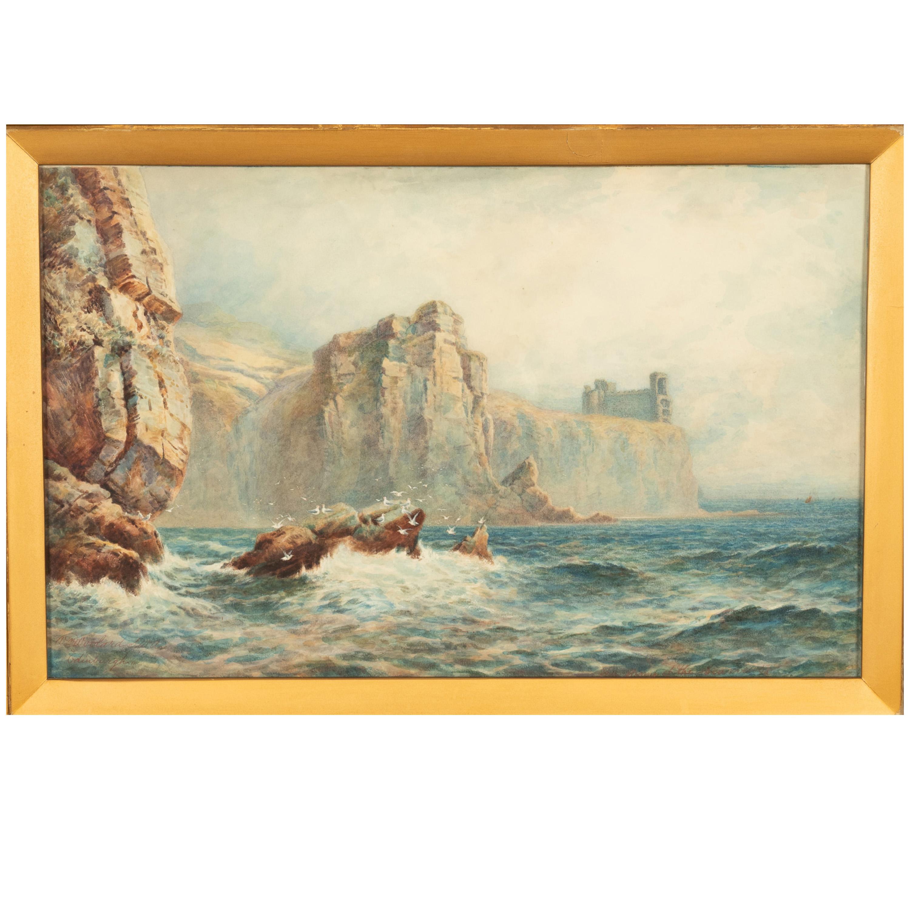 Antique Scottish Edinburgh Watercolor Painting Seascape 