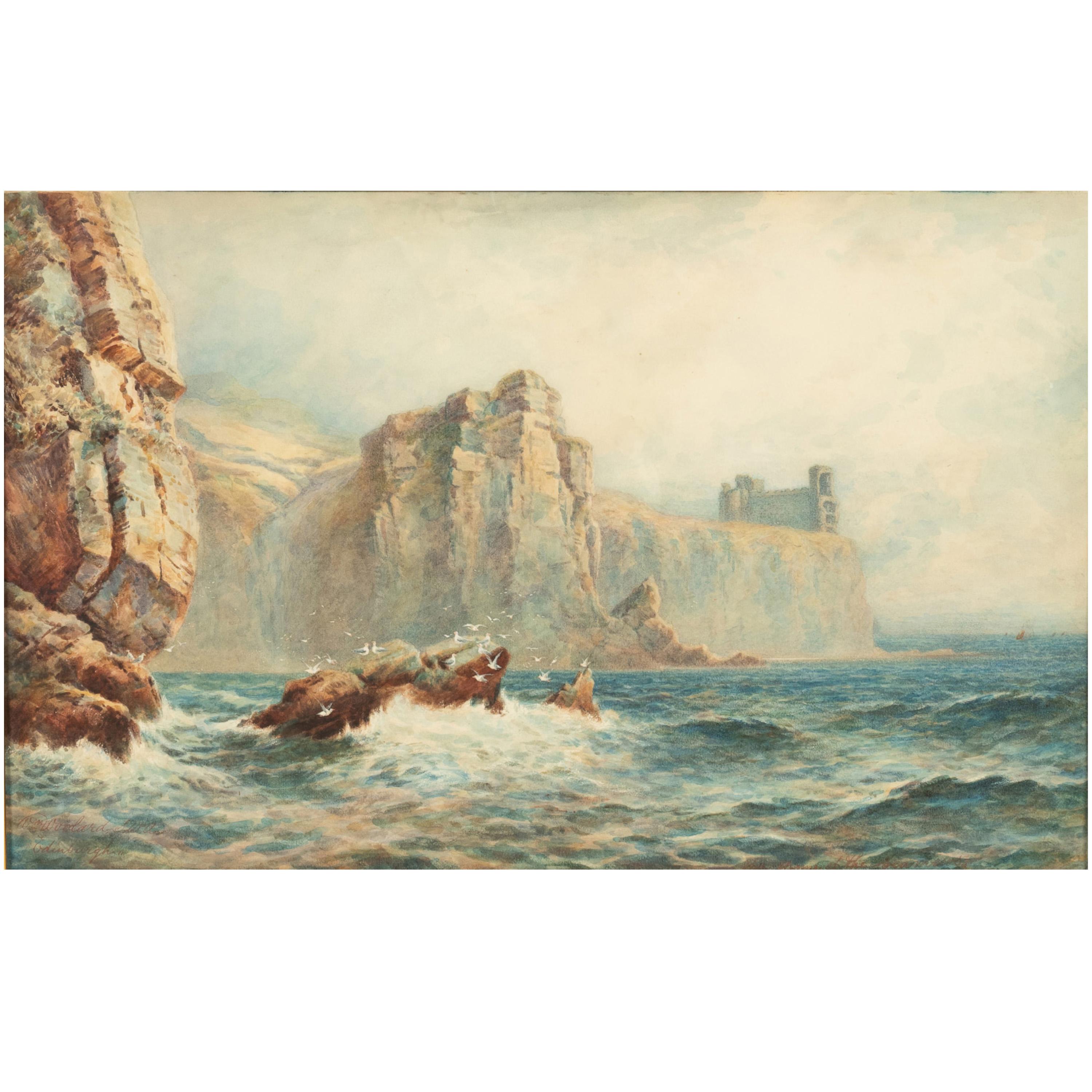 A fine antique Scottish watercolor seascape painting of Dunollie Castle, Oban, Scotland, by William Wollard, Edinburgh, circa 1890.
This very attractive painting of Dunollie castle ruins on the west coast of Scotland in the town of Oban in the