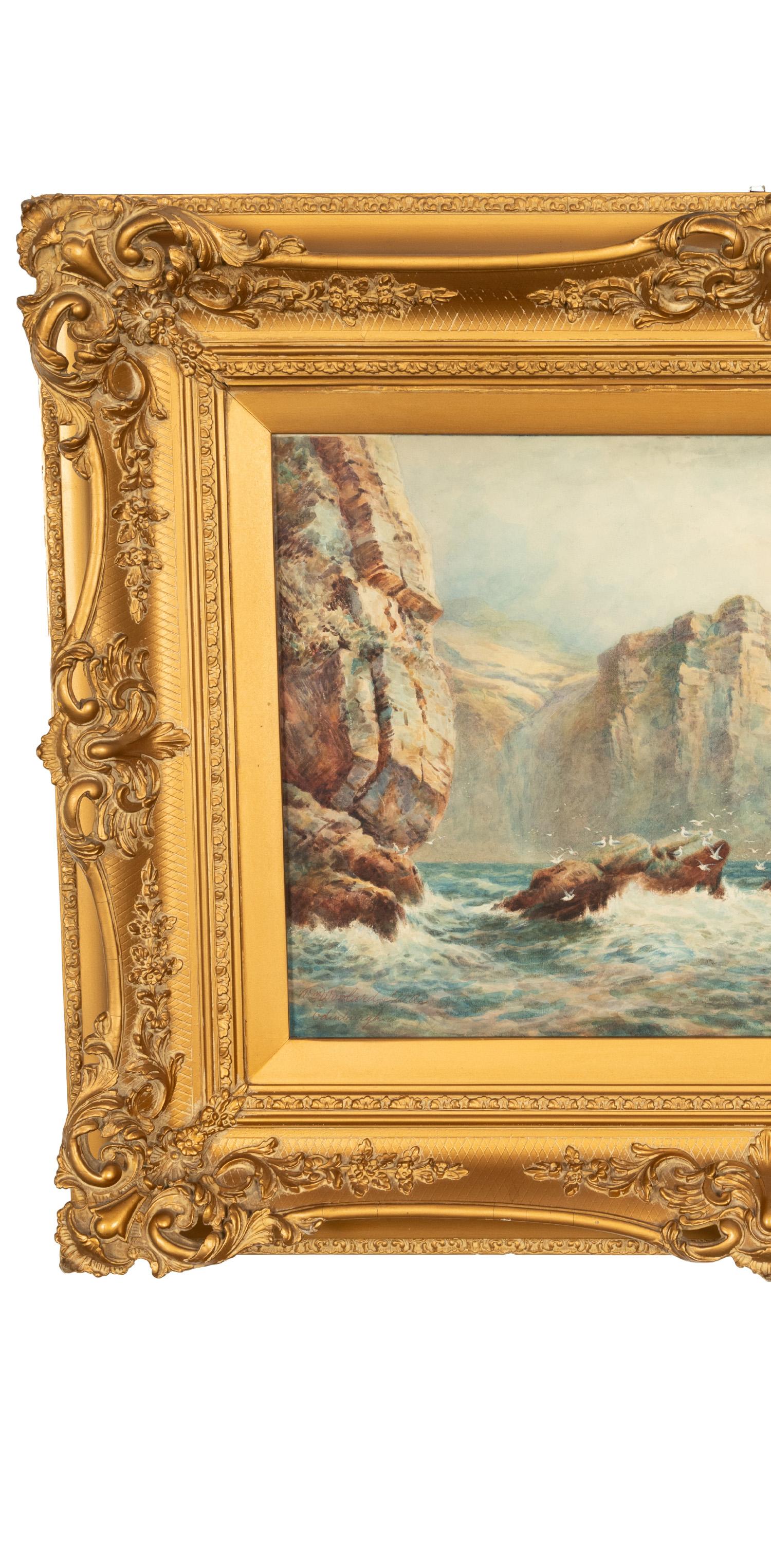 Antique Scottish Edinburgh Watercolor Painting Seascape 