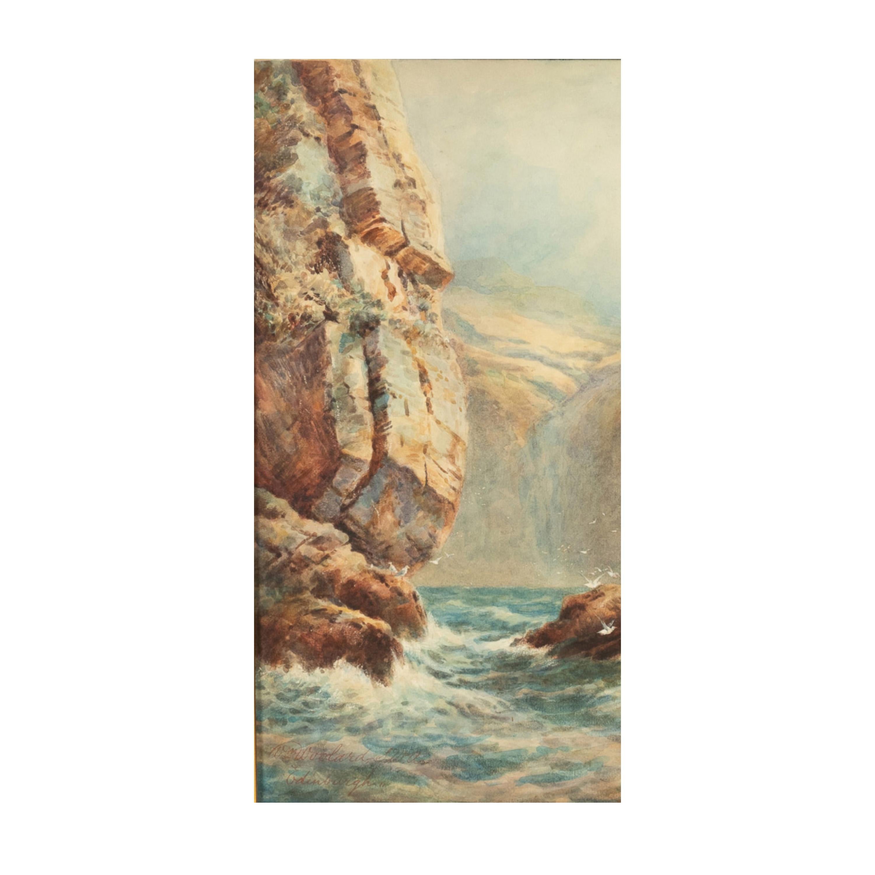 Antique Scottish Edinburgh Watercolor Painting Seascape 