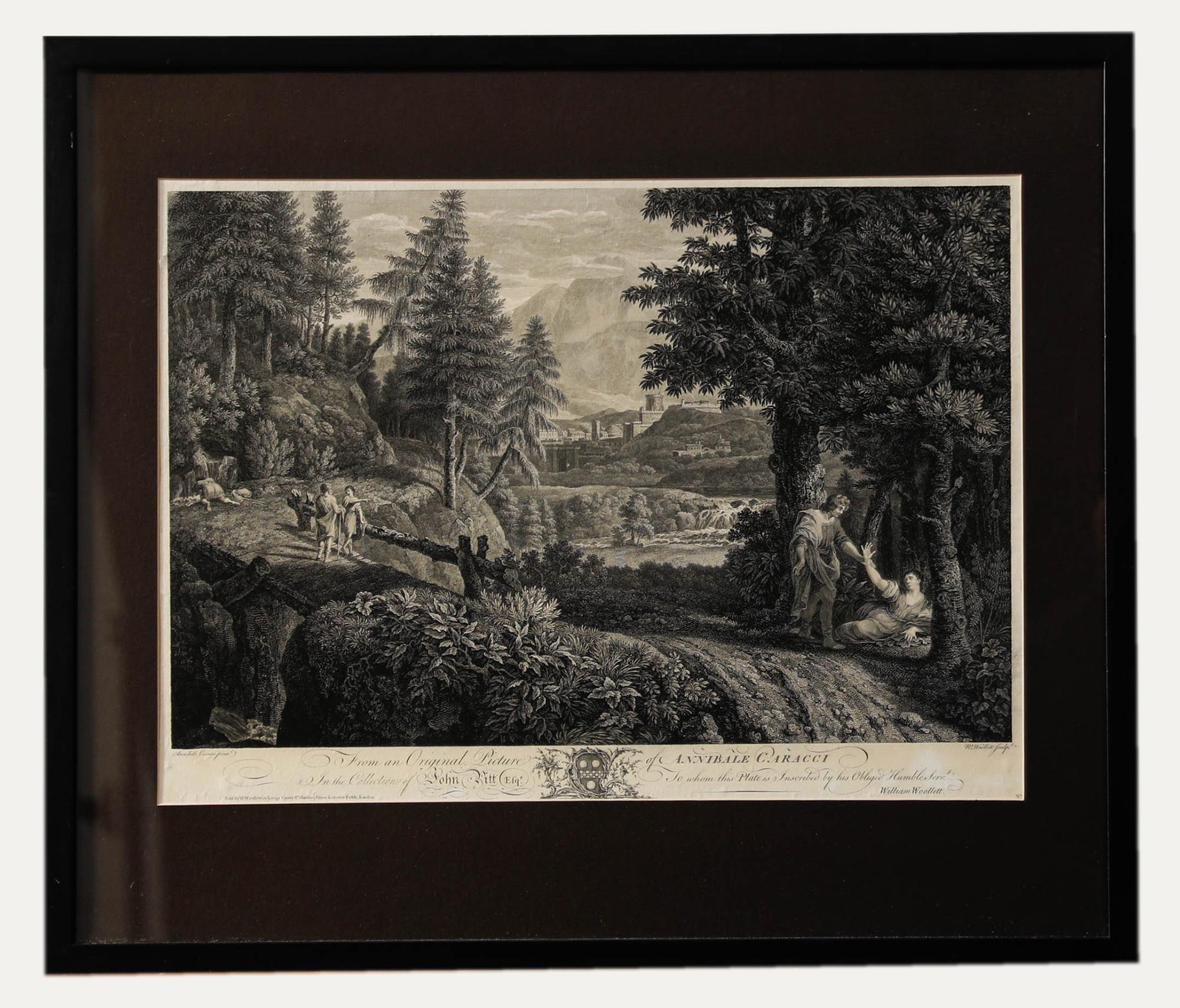 Charmante gravure de William Townes (britannique 1735-1785) d'après Annibale Carracci (italien 1560-1609) représentant un paysage rural pittoresque à la périphérie d'une ville italienne. Nom de l'artiste et du graveur inscrit dans la plaque.