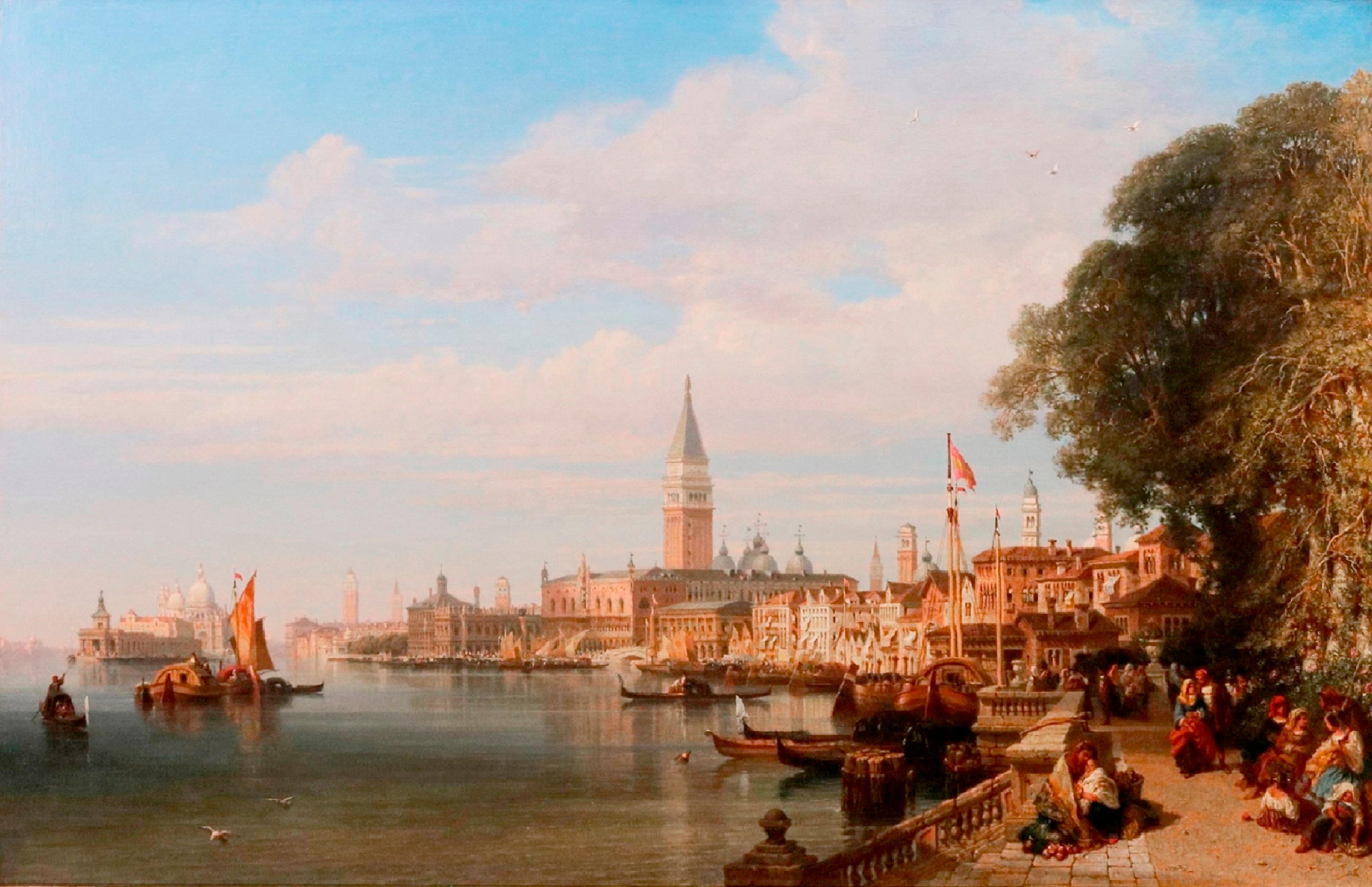 The Waterfront, Venice - Large 19th Century Venetian Oil Painting of Grand Canal 1