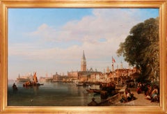 The Waterfront, Venice - Large 19th Century Venetian Oil Painting of Grand Canal