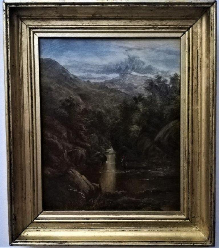 „A Mountainous Landscape“, kaskadenförmige Landschaft mit Fischer, Original Öl/Leinwand – Painting von William Yates