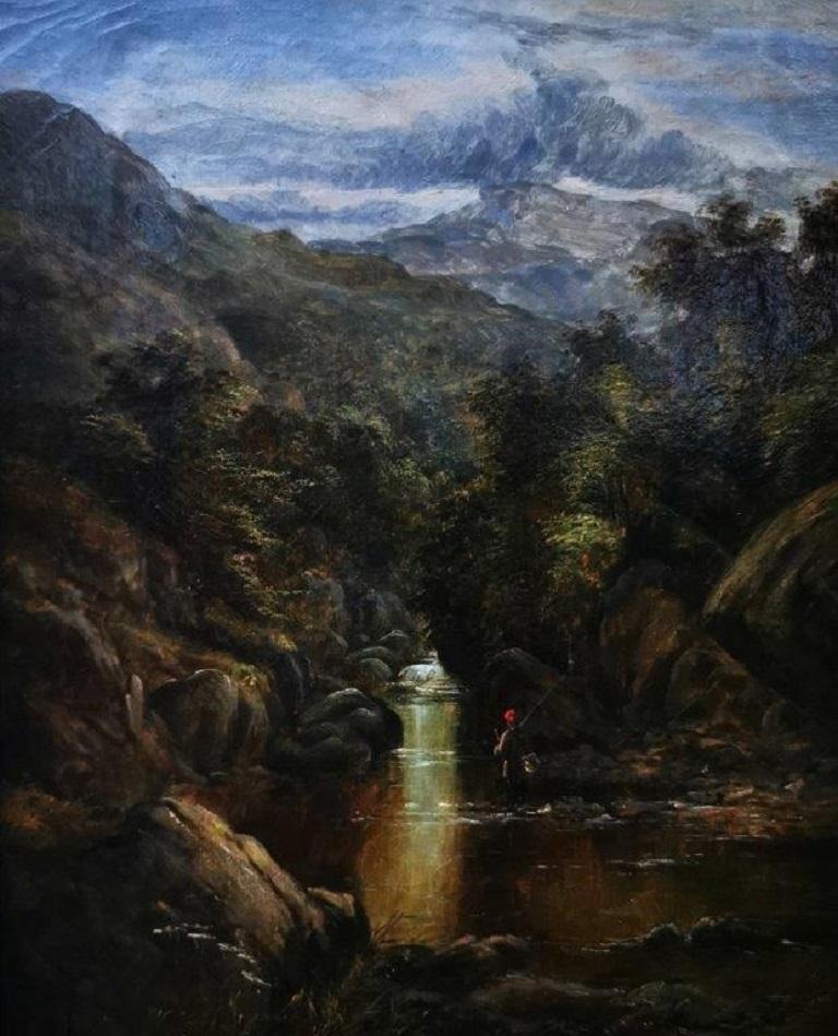 "A Mountainous Landscape", Cascading Stream with fisherman, original oil/canvas
