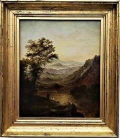 "A River and Mountain Landscape at Sunset", figures fishing, oil on canvas