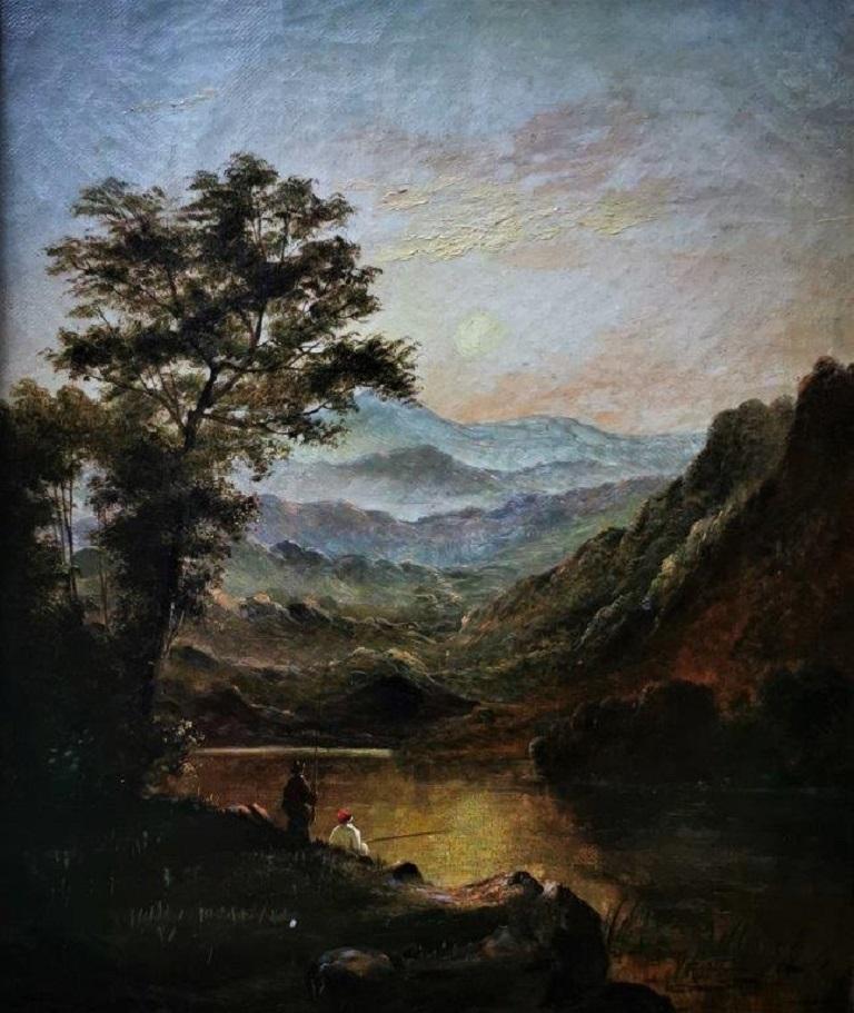 "A River and Mountain Landscape at Sunset", figures fishing, oil on canvas