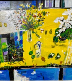 Abstract modernist still life and an interior, dinning table and with landscape