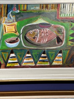 Abstract modernist still life and an interior, dinning table and with landscape