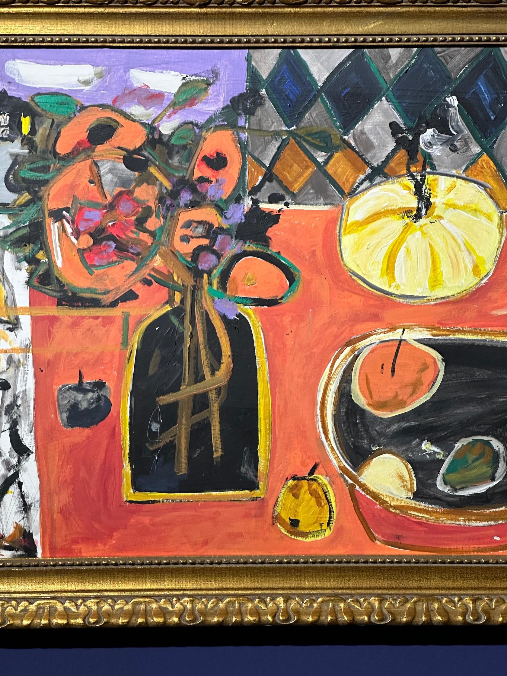 Wonderful English Abstract scene of an interior with still life, landscape and table top. 

William Yates painted exciting colorful vibrant scenes often of interiors and abstract figure scenes from the 1970's through he 1990's

This is an