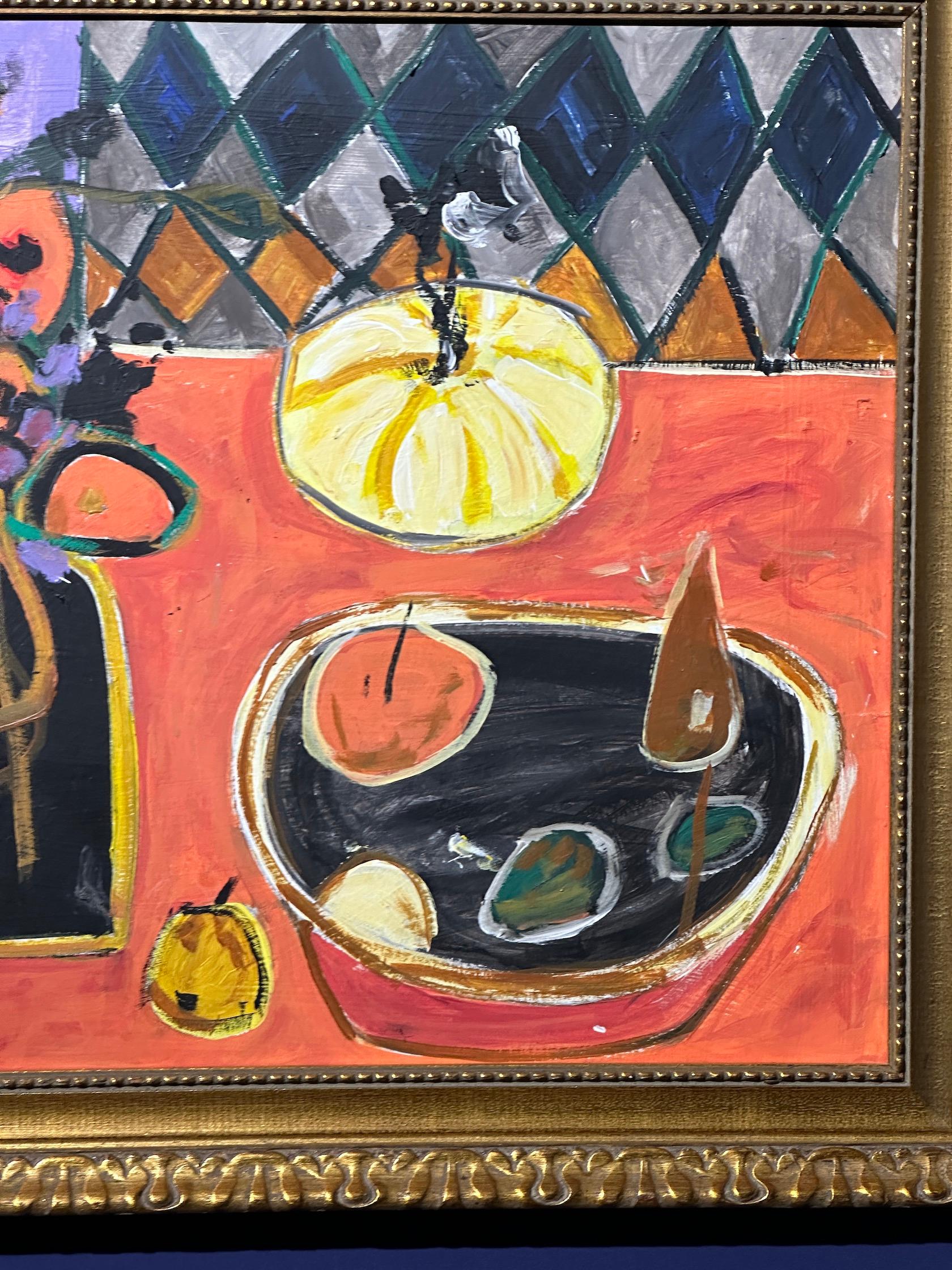 Abstract modernist still life and an interior, dinning table and with landscape For Sale 1