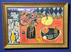 Abstract modernist still life and an interior, dinning table and with landscape