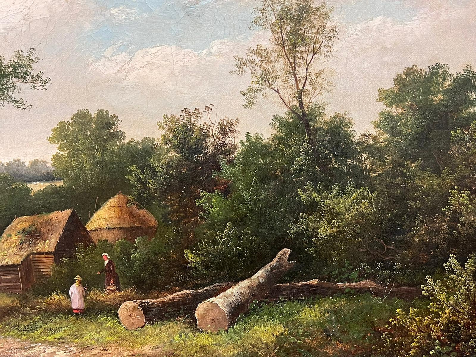 Huge Victorian Signed Oil Two Figures Chatting Rural Landscape with Logs For Sale 7