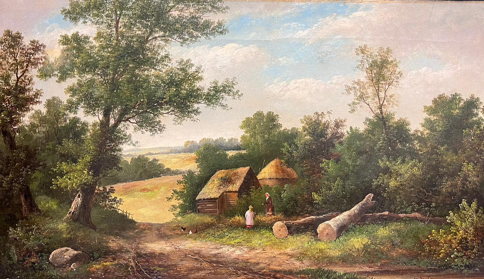 Huge Victorian Signed Oil Two Figures Chatting Rural Landscape with Logs - Painting by William Yates