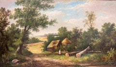Huge Victorian Signed Oil Two Figures Chatting Rural Landscape with Logs