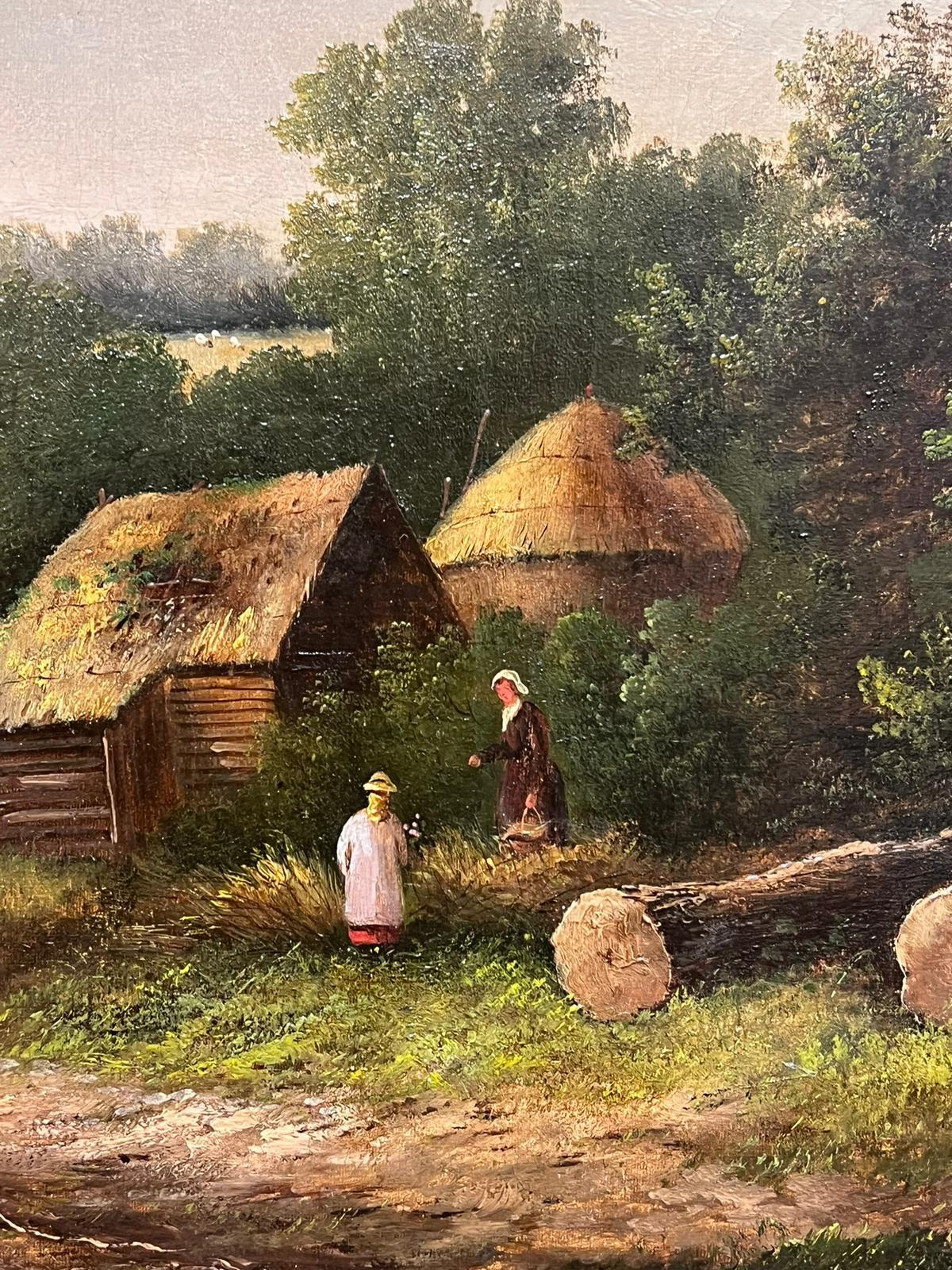 Huge Victorian Signed Oil Two Figures Chatting Rural Landscape with Logs - Brown Figurative Painting by William Yates