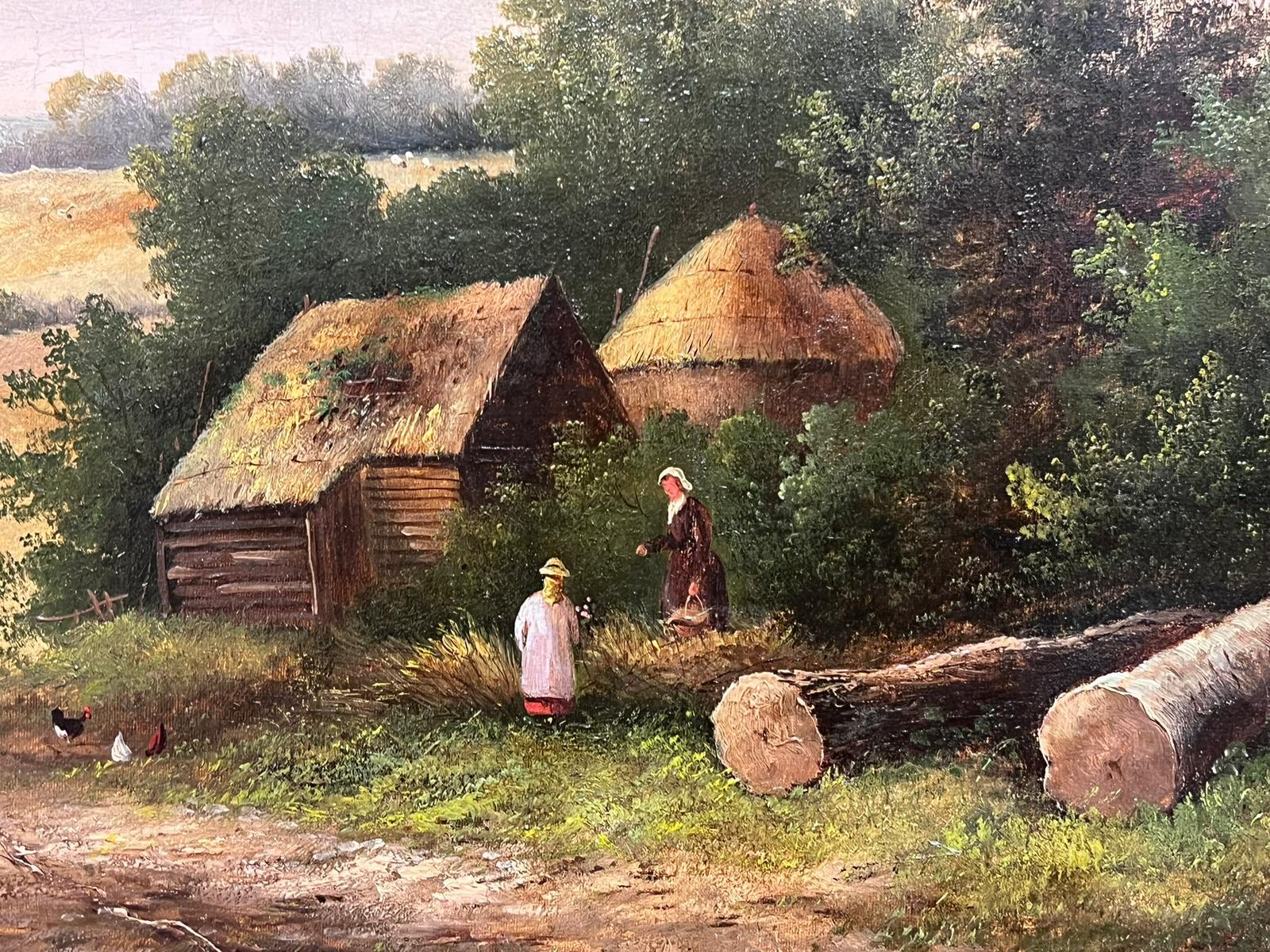 Huge Victorian Signed Oil Two Figures Chatting Rural Landscape with Logs For Sale 5