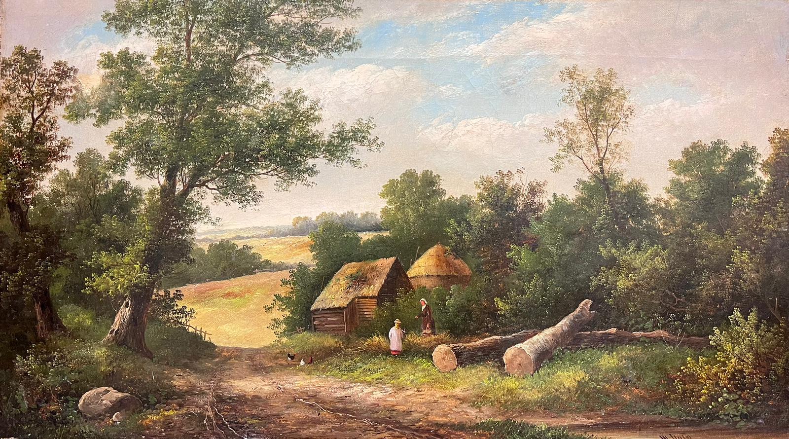 Großes viktorianisches signiertes Ölgemälde, zwei Figuren, Chatting Rural Landscape mit Logs, Chatting