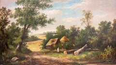 Huge Victorian Signed Oil Two Figures Chatting Rural Landscape with Logs
