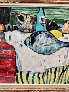 English Abstract Interior with still life of bottle, fish, fruit