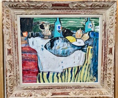 English Abstract Interior with still life of bottle, fish, fruit
