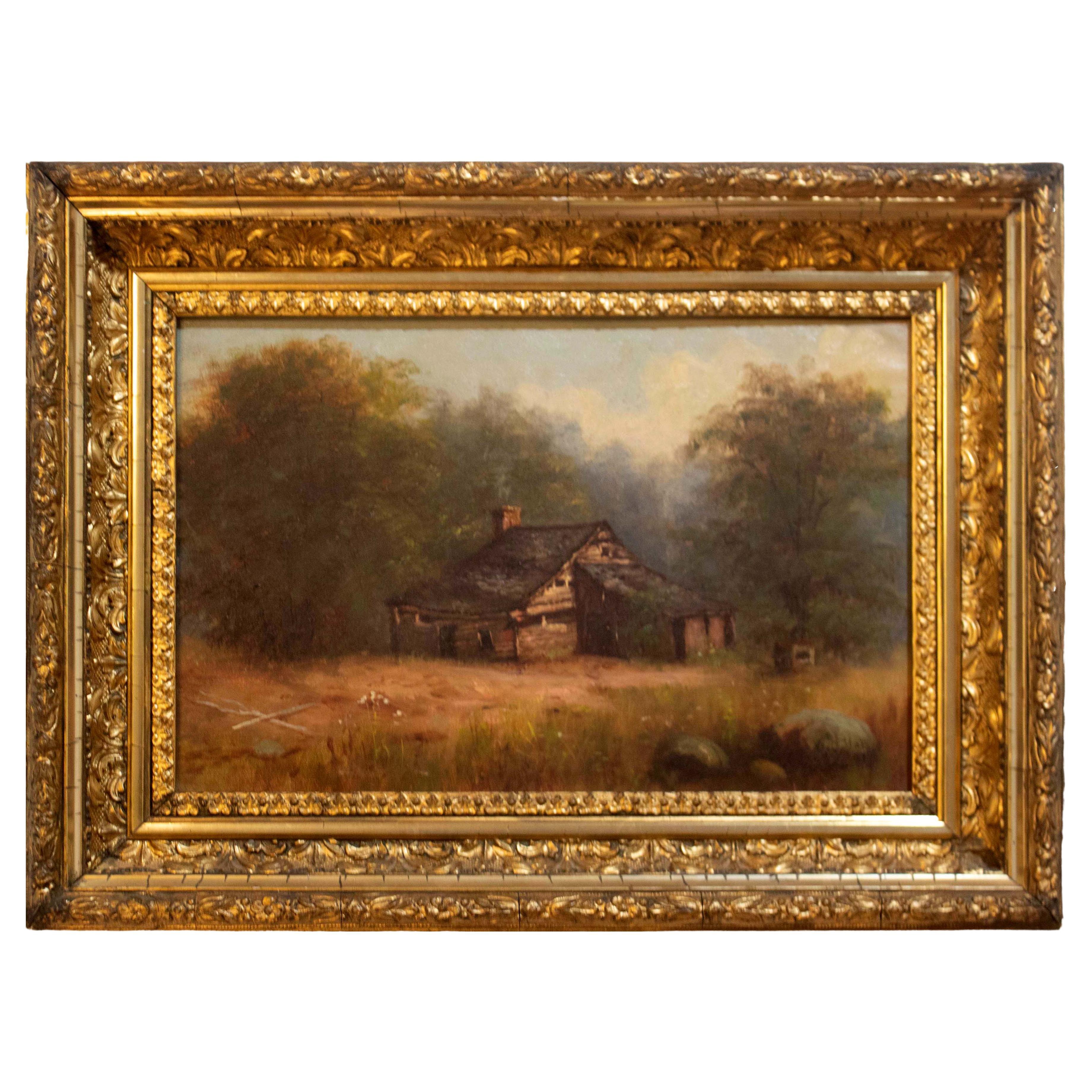 William Yates Untitled Barn Scene Antique Oil Painting