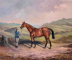 Pferdeporträt des Grand-National-Siegers von 1933 und des Jockeys in einer irischen Öl-Landschaft