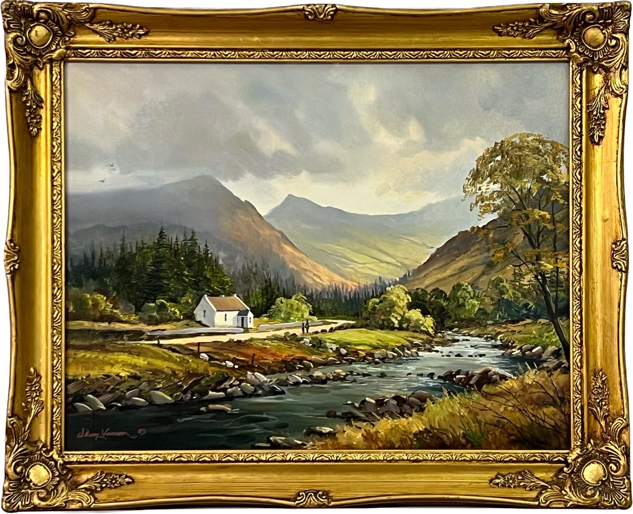 William Yeaman Figurative Painting - Figures by a River Cottage in the Irish Mountain Landscape with Lush Green Trees