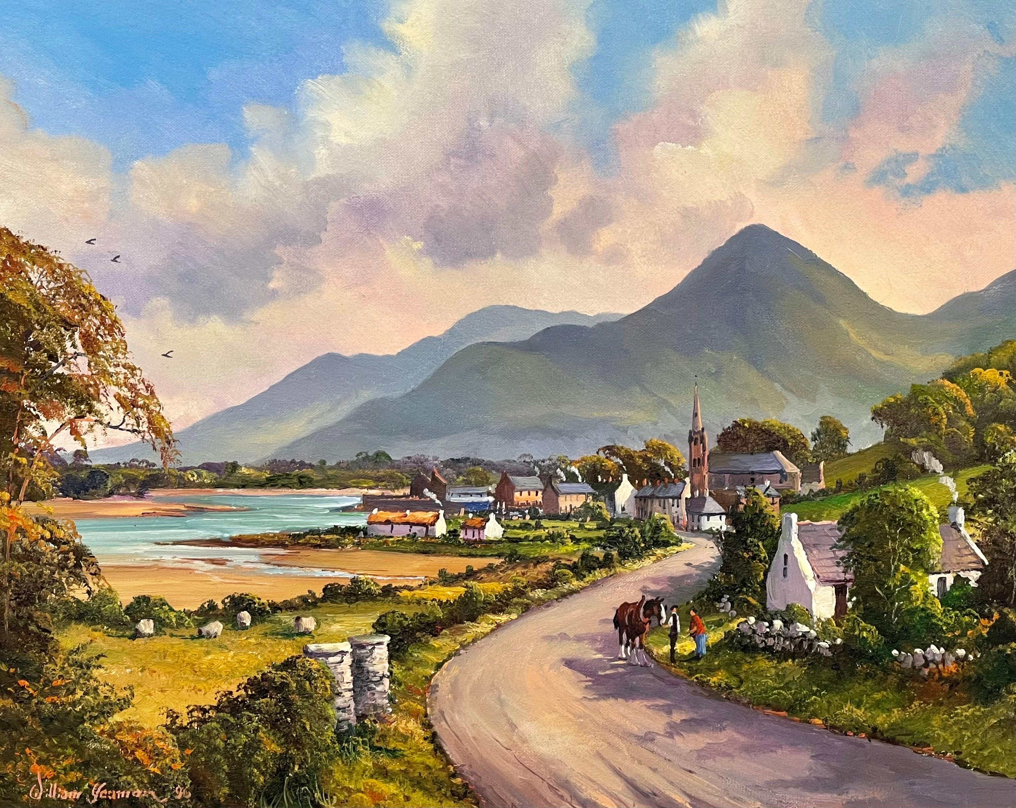 Figures on the road to Dundrum Ireland in the Irish Mountain Landscape by William Yeaman. Original, Oil on Canvas presented in an ornate frame.

Art measures 20 x 16 inches 
Frame measures 24 x 20 inches 

