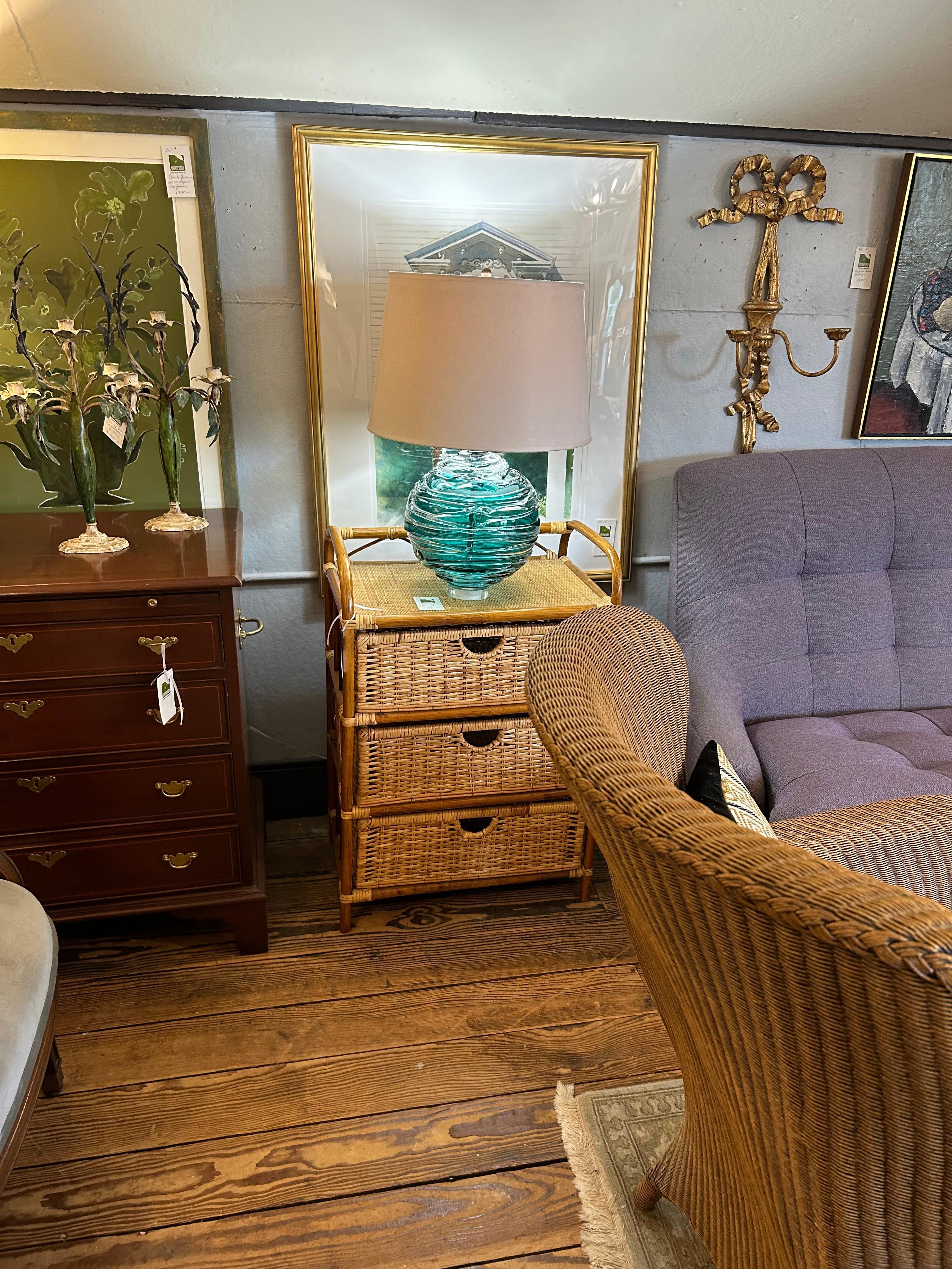Made from a single mouth blown globe that is then drizzled with clear crystal by designer William Yeoward.  Jade color is gorgeous, lucite base.
We also have the Alfie model available and they look great together in the same space.
Shade is 17