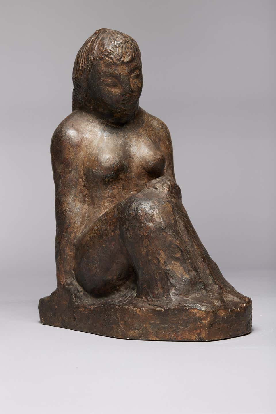 Seated Nude Woman Sculpture, Painted Plaster, Inscribed, Early 20th Century