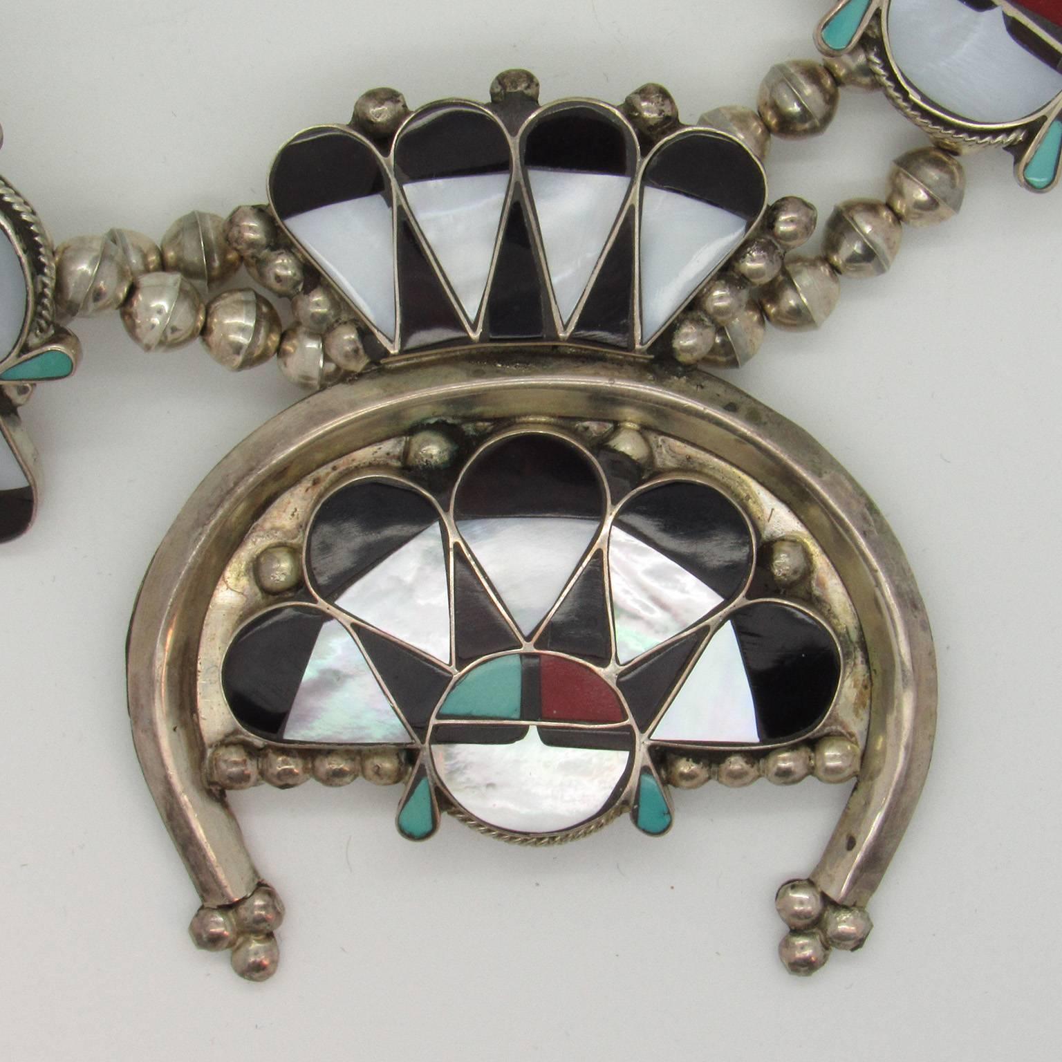 Native American William Zunie Inlaid Turquoise and Mother-of-Pearl Sunface Necklace For Sale