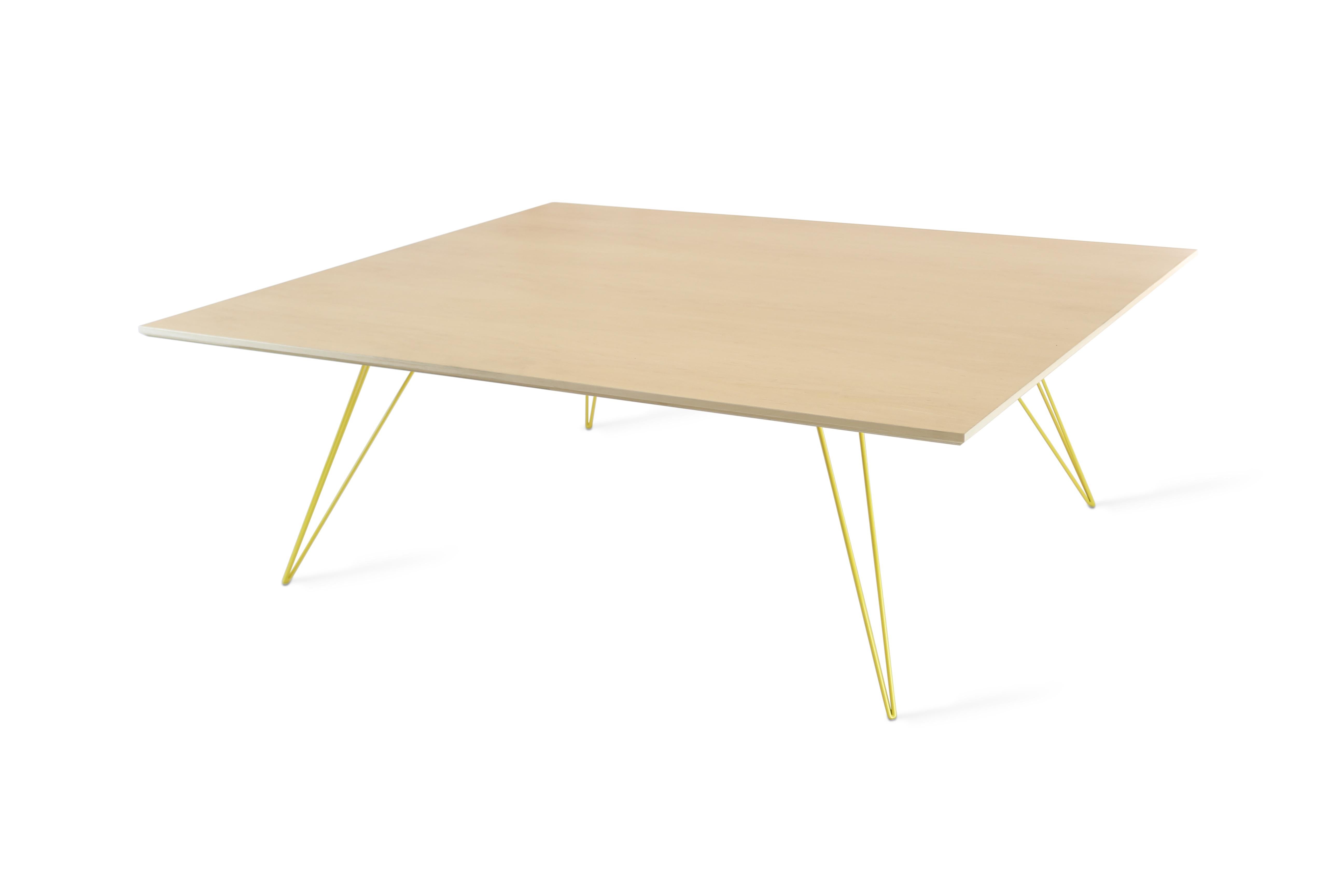 A thin, elegant and light table that can be customized to any shape, size and color desired. This handcrafted item perfectly blends industrial hairpin legs with a beveled wooden top. The irregular beauty of its natural wood combined with its simple