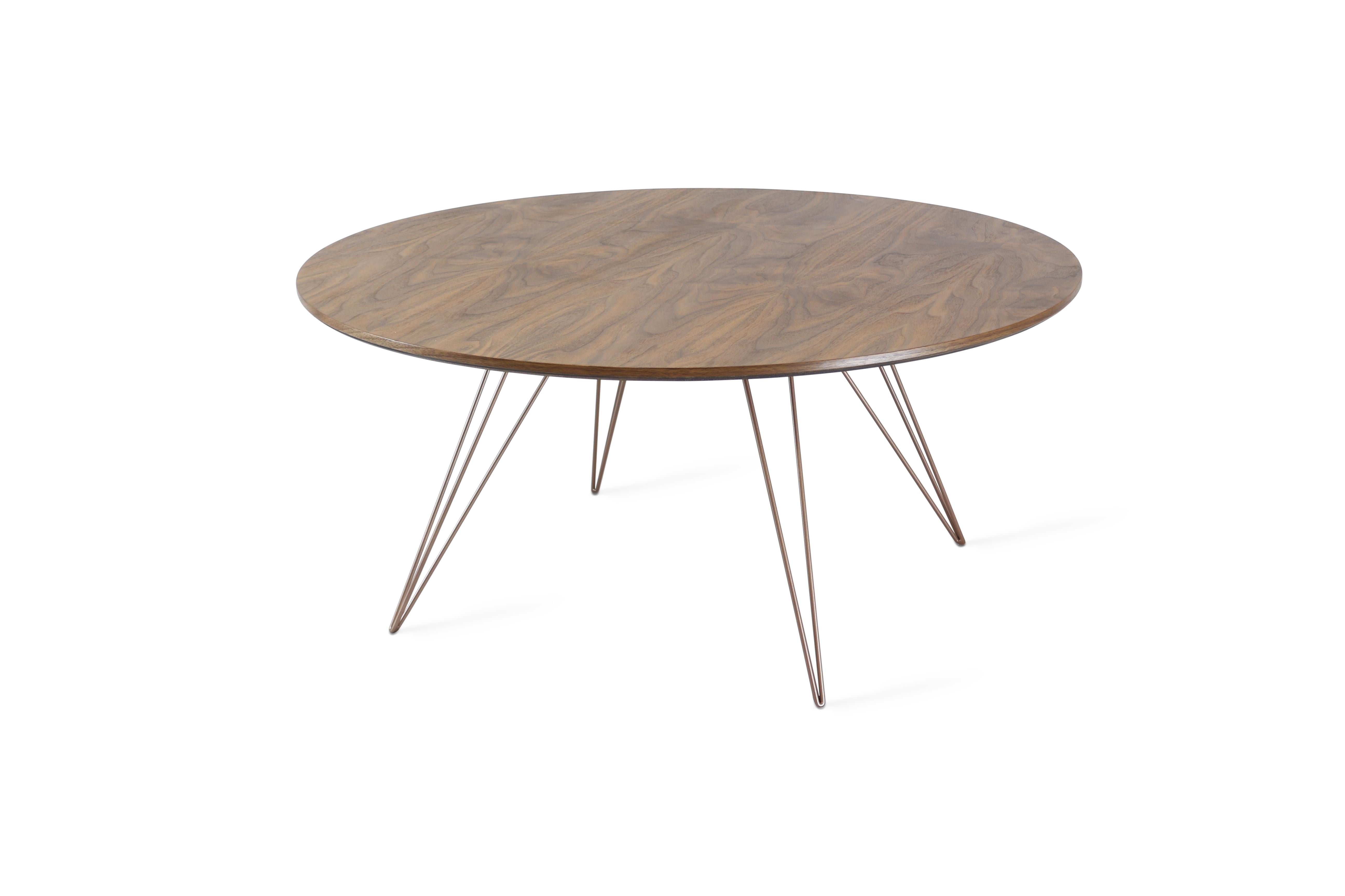 A thin, elegant and light table that can be customized to any shape, size and color desired. This handcrafted item perfectly blends industrial hairpin legs with a beveled wooden top. The irregular beauty of its natural wood combined with its simple