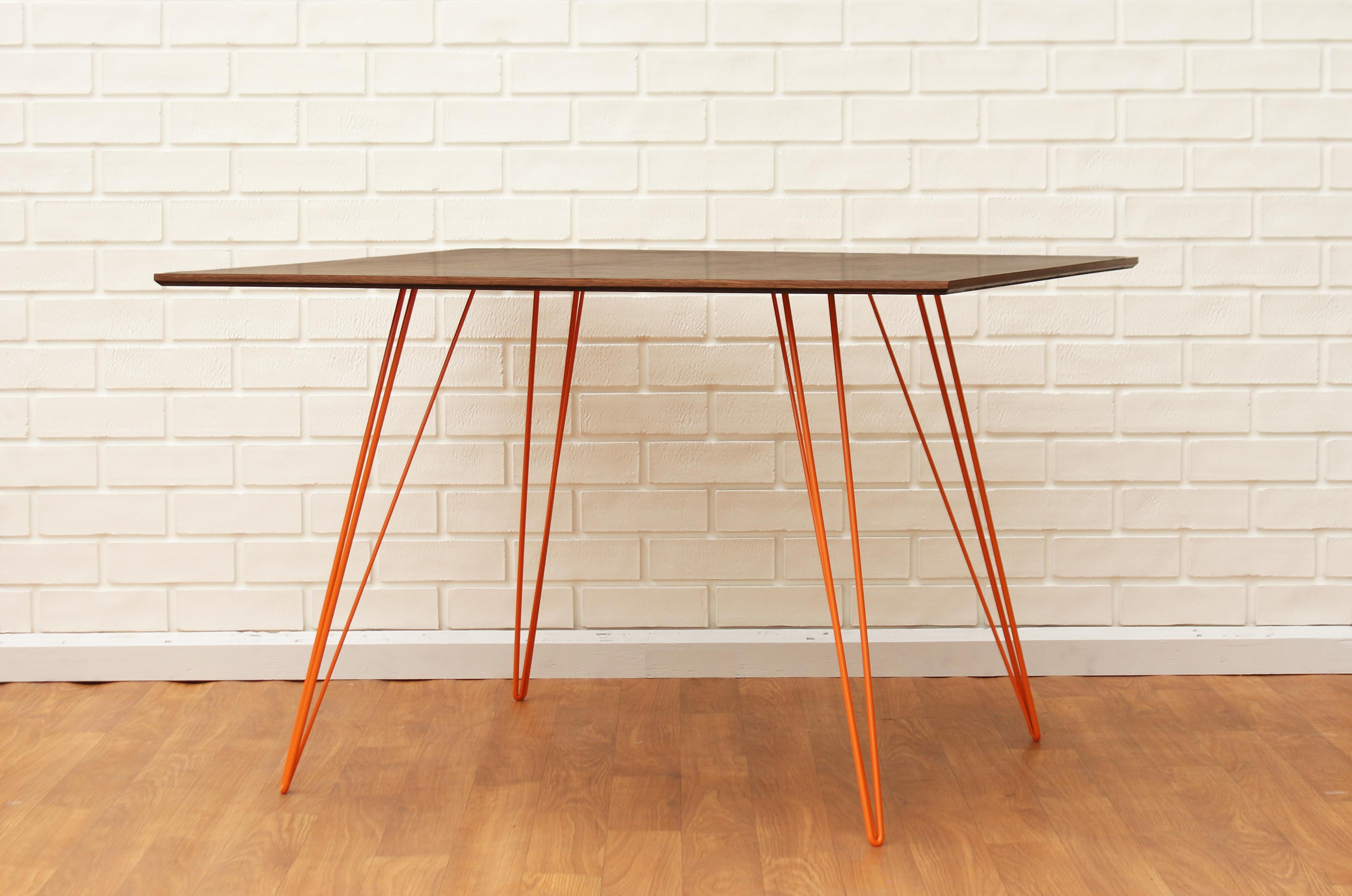 Mid-Century Modern Williams Hairpin Dining Rectangular Table Walnut Orange For Sale