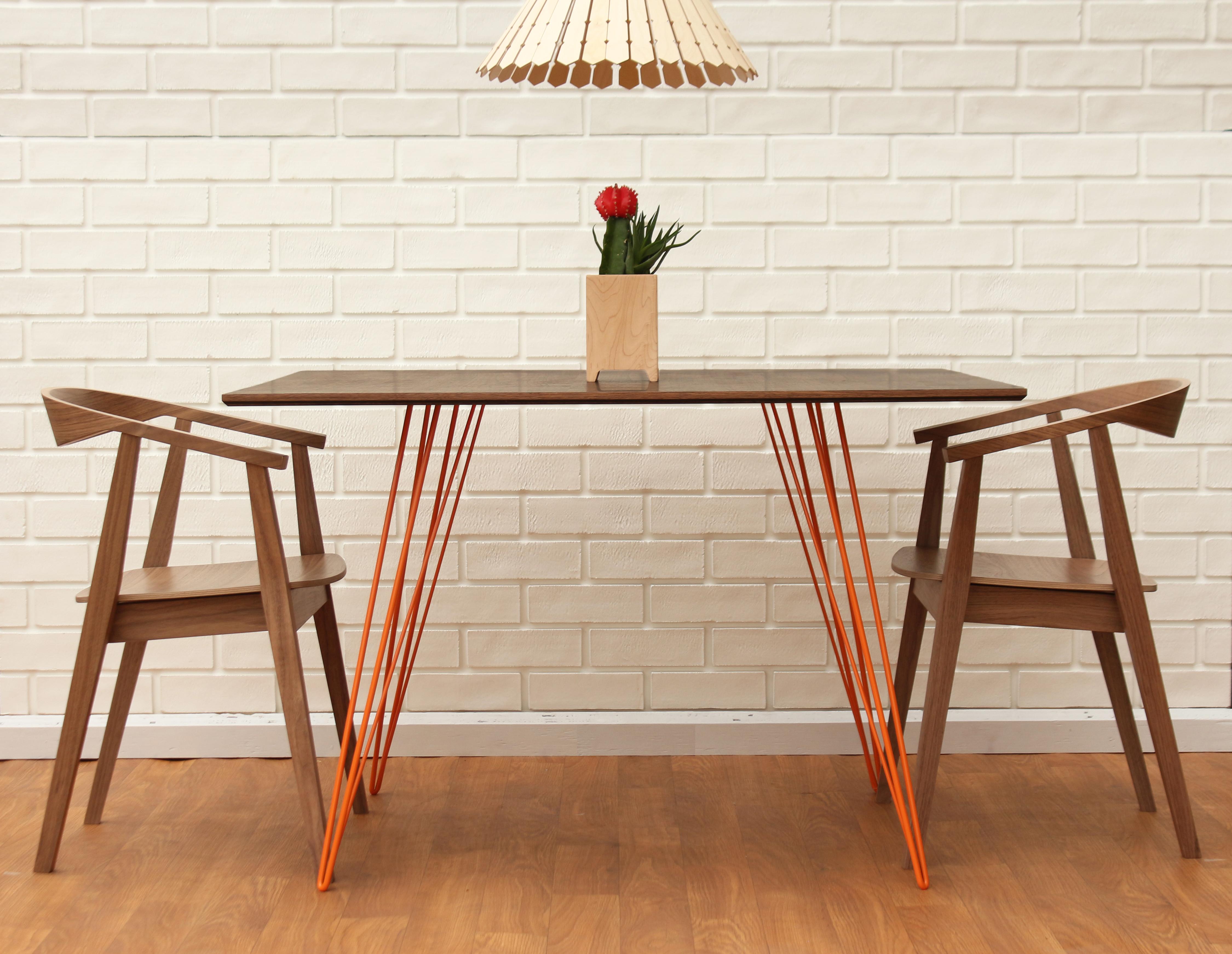 Industrial Williams Hairpin Dining Rectangular Table Walnut Orange For Sale