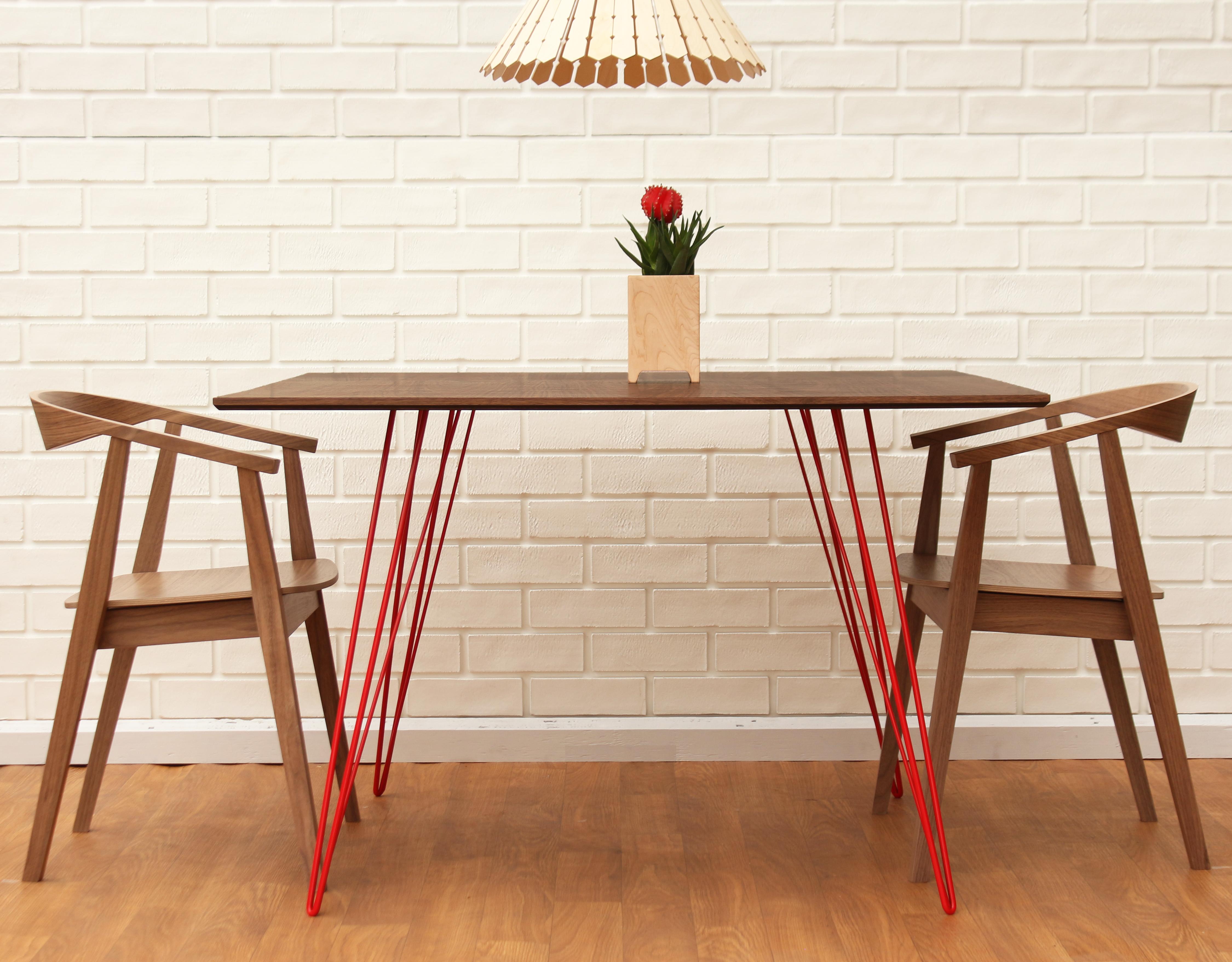 Scandinavian Modern Williams Hairpin Dining Rectangular Table Walnut Red For Sale