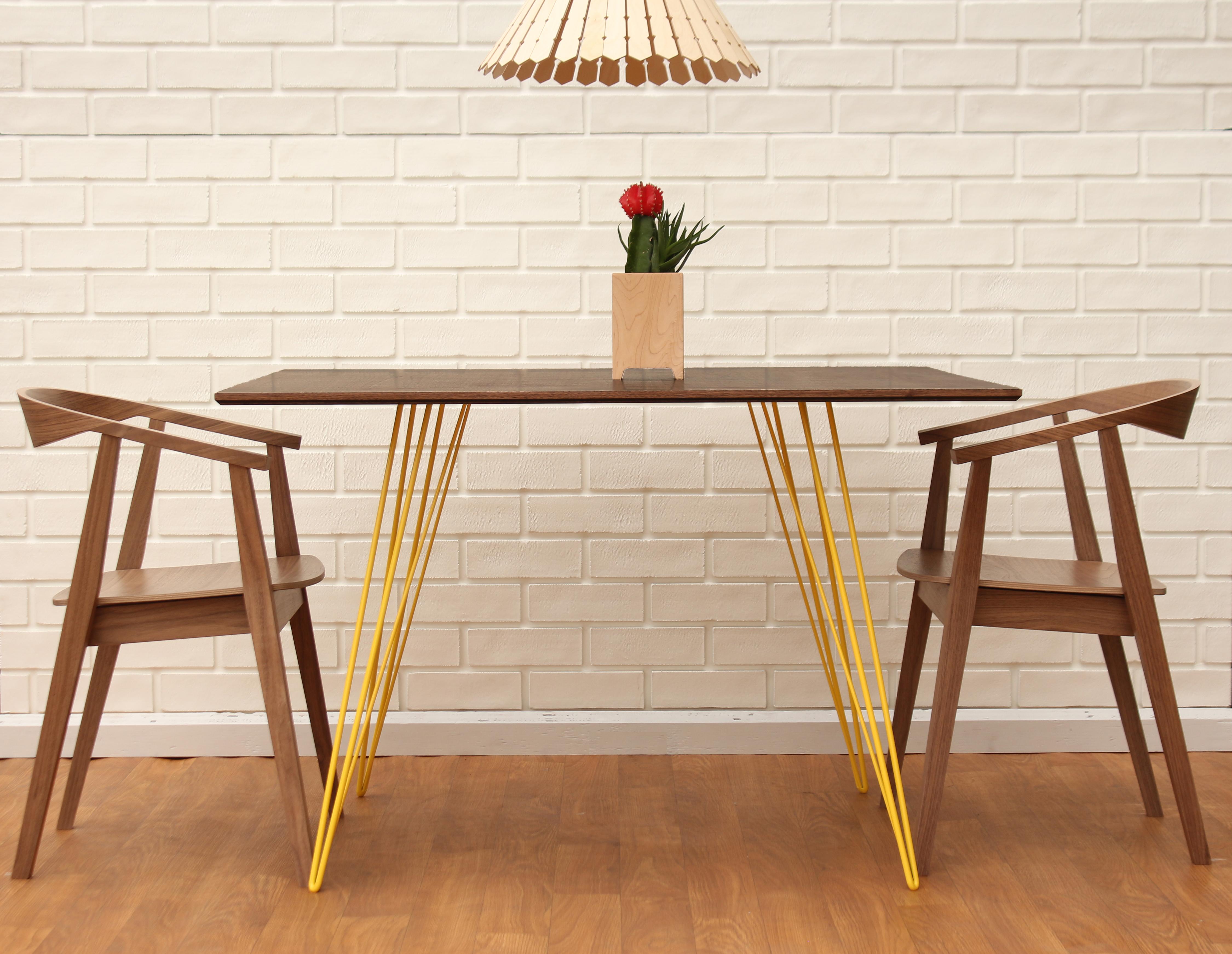 Scandinavian Modern Williams Hairpin Dining Rectangular Table Walnut Yellow For Sale