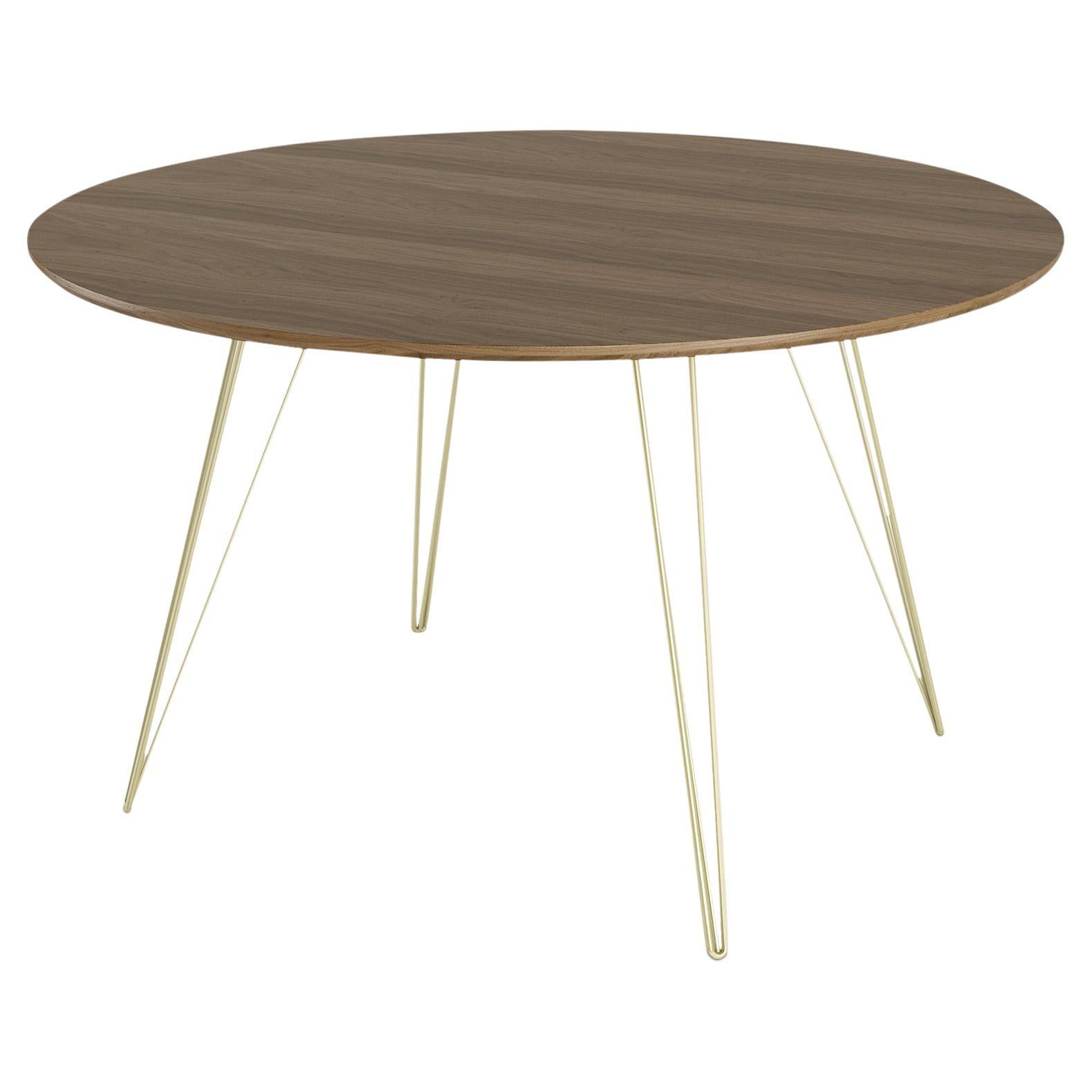 Williams Hairpin Dining Round Table Walnut Brassy Gold For Sale