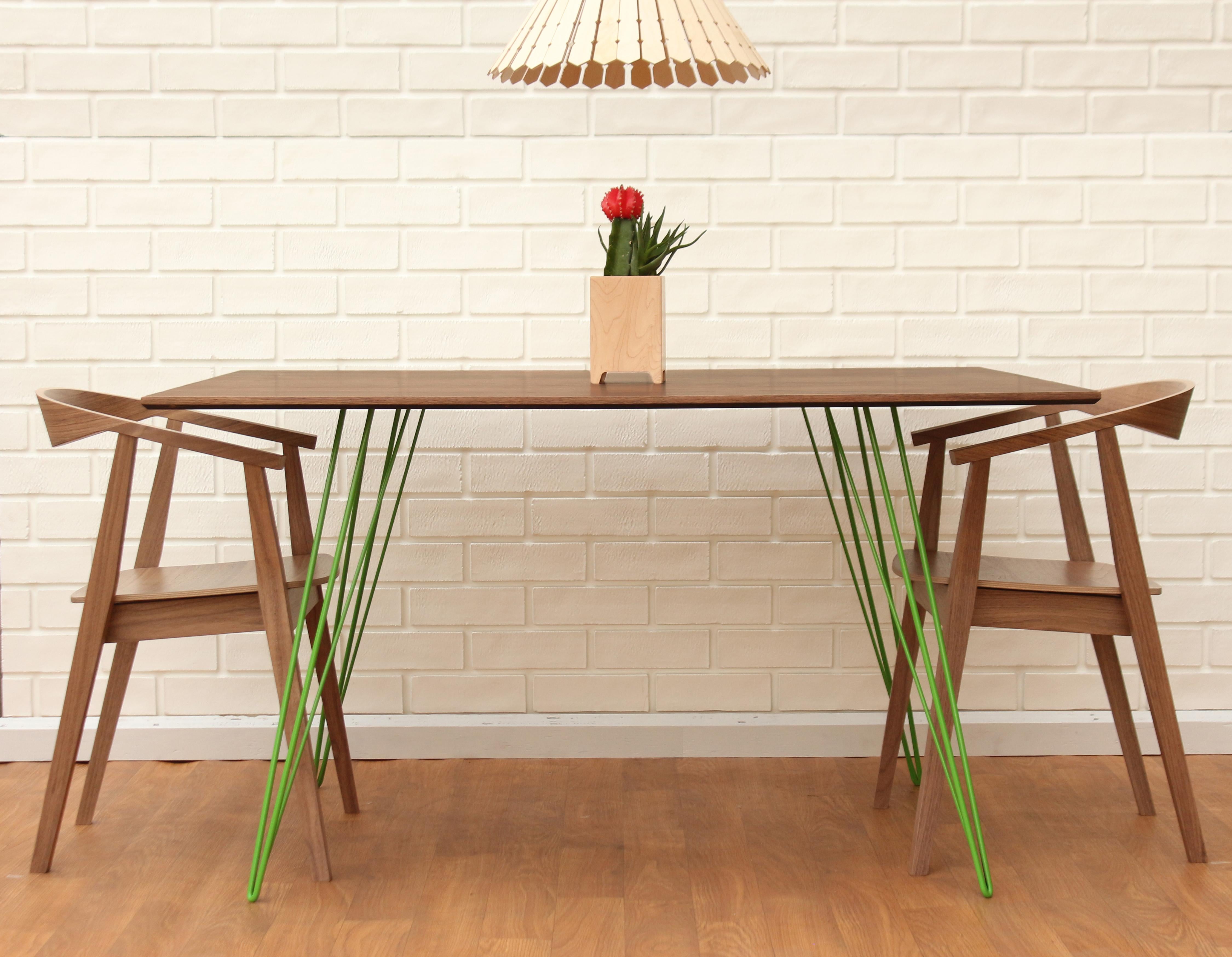 Industrial Williams Hairpin Dining Square Table Walnut Green For Sale