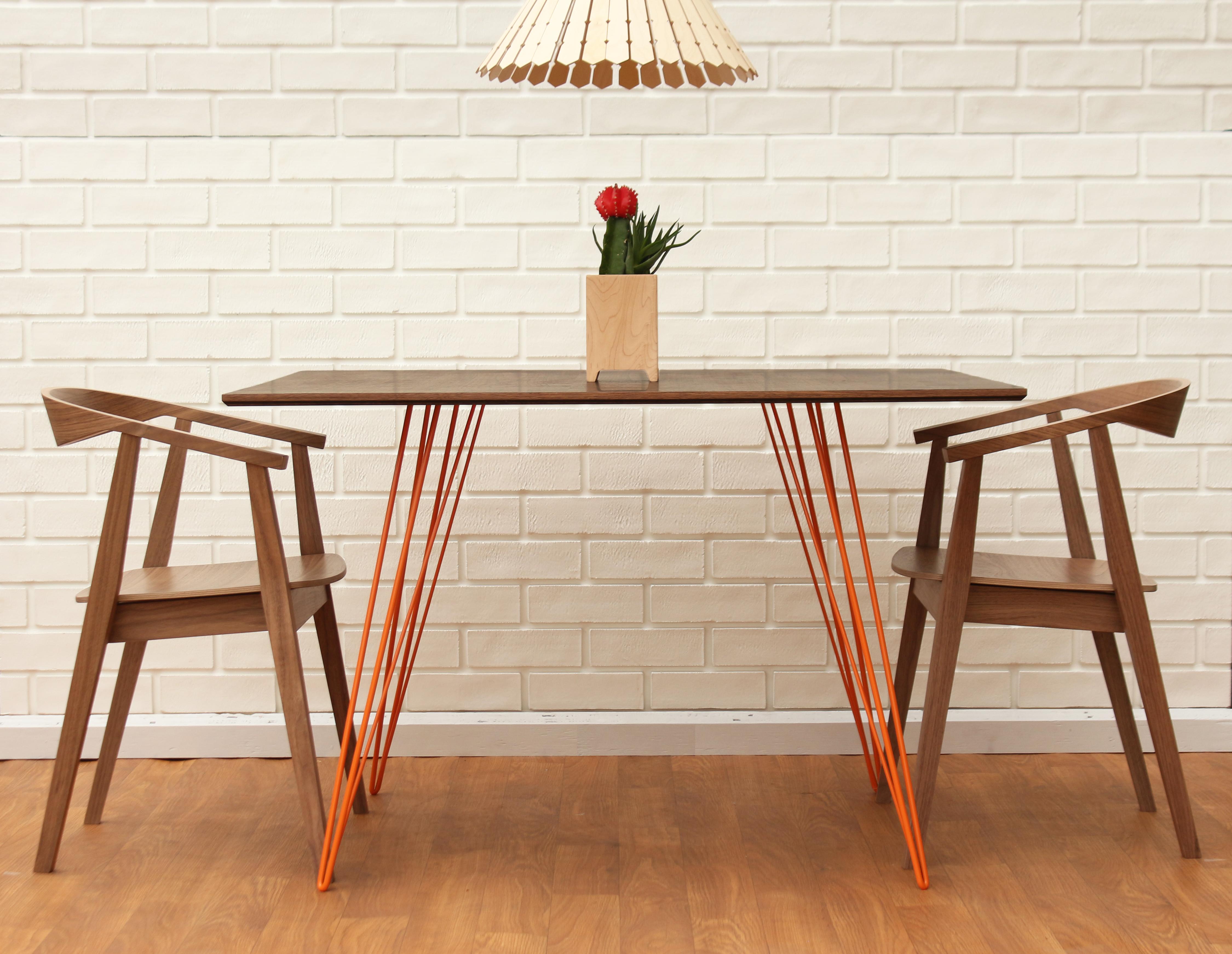 Scandinavian Modern Williams Hairpin Dining Square Table Walnut Orange For Sale