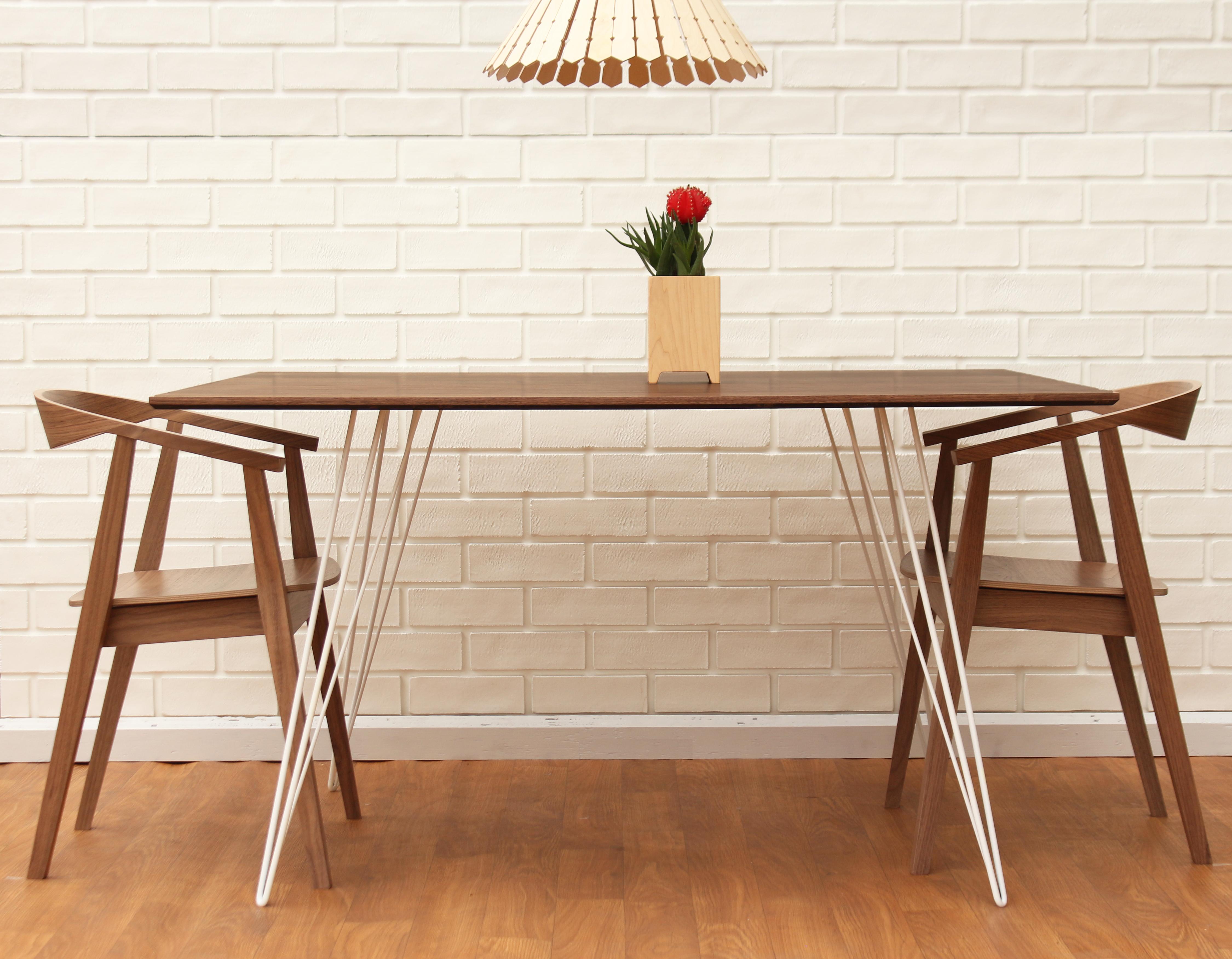Mid-Century Modern Williams Hairpin Dining Square Table Walnut White For Sale