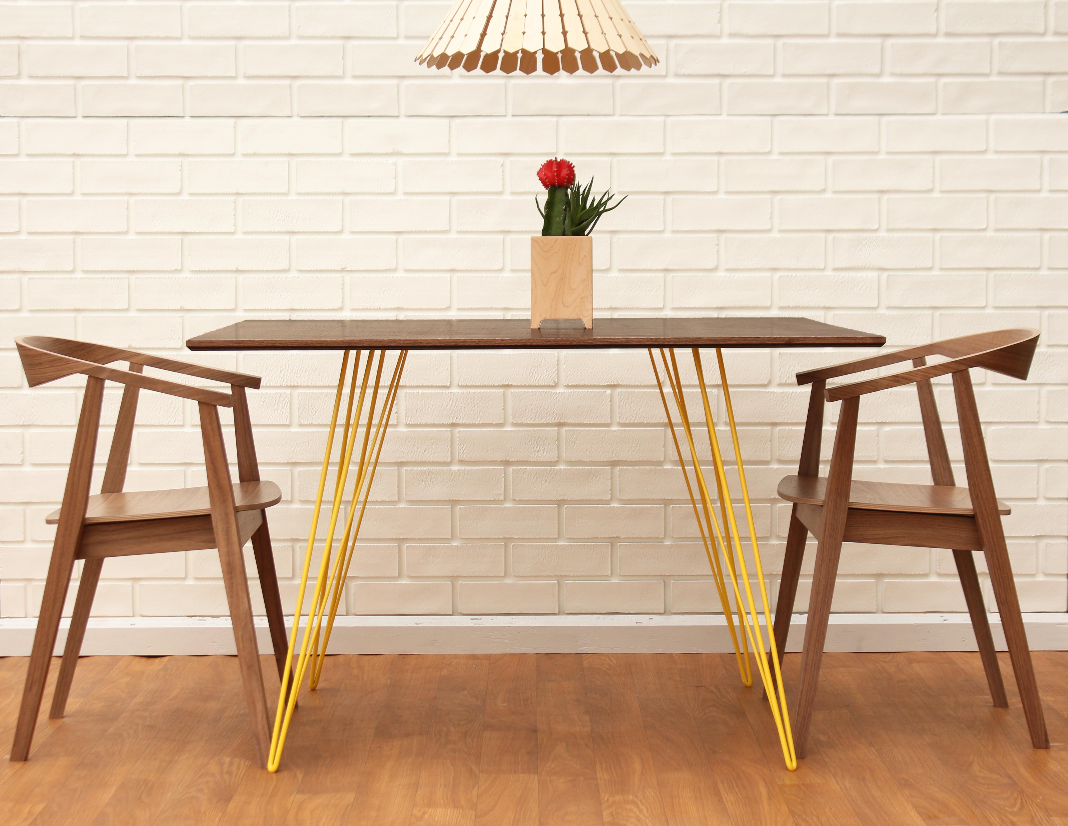 Modern Williams Hairpin Dining Square Table Walnut Yellow For Sale