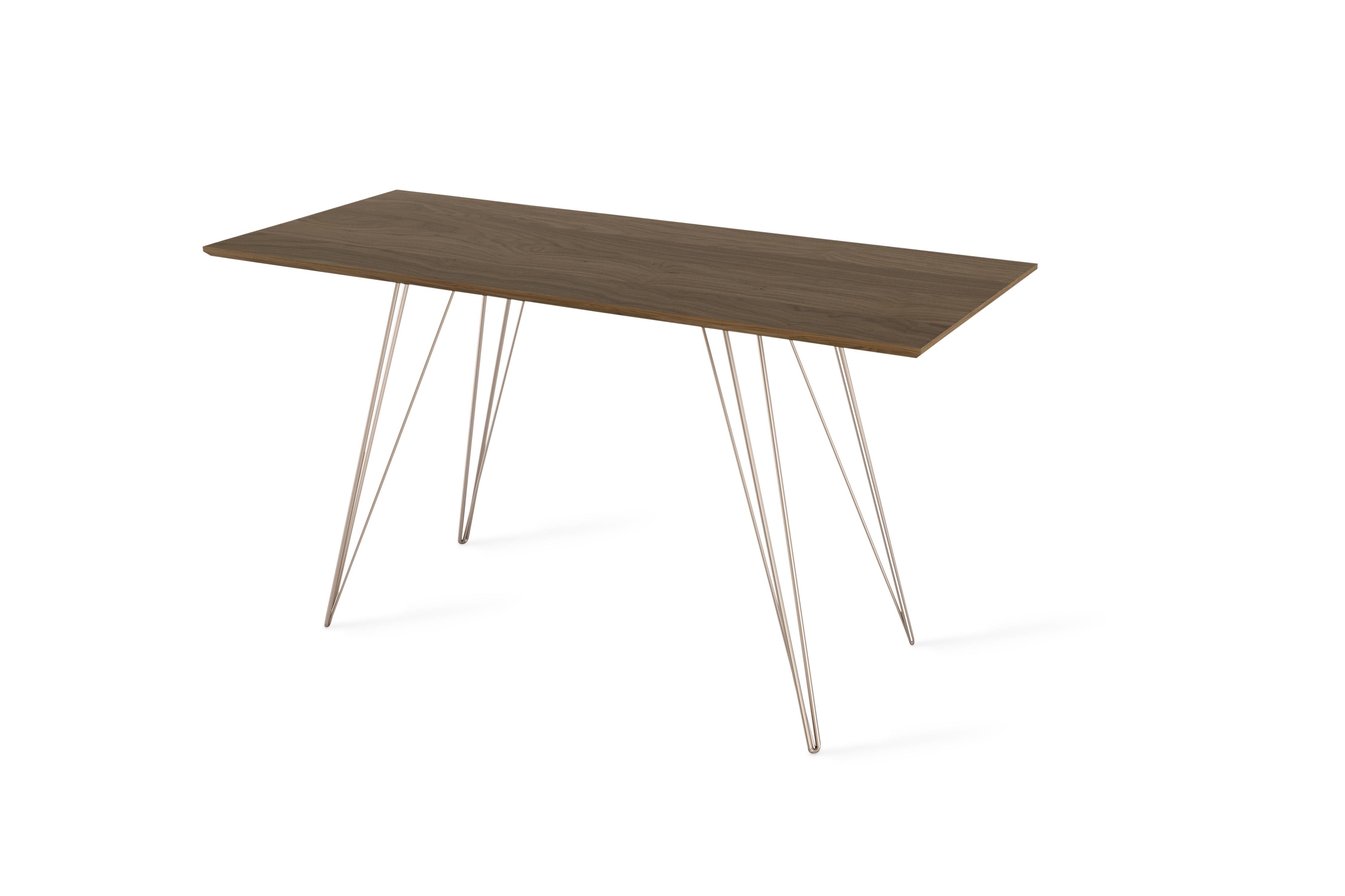 A thin, elegant and light desk that can be customized to any color desired. This handcrafted item perfectly blends industrial hairpin legs with a beveled wooden top. The irregular beauty of its natural wood combined with its simple elegant base