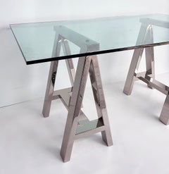 Williams Sonoma Home "Mason" Sawhorse Glass Top Table/Writing Desk
