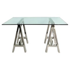 Williams Sonoma Home "Mason" Sawhorse Glass Top Table/Writing Desk