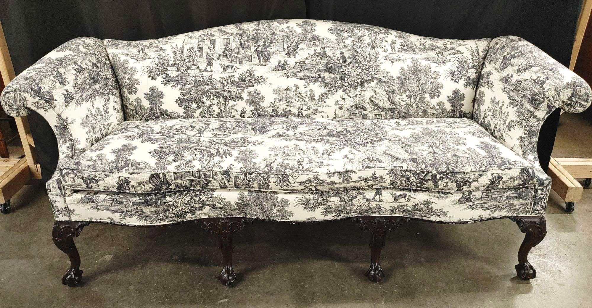 American Williamsburg Chippendale Style Toile Camelback Settee Sofa by Stickley For Sale