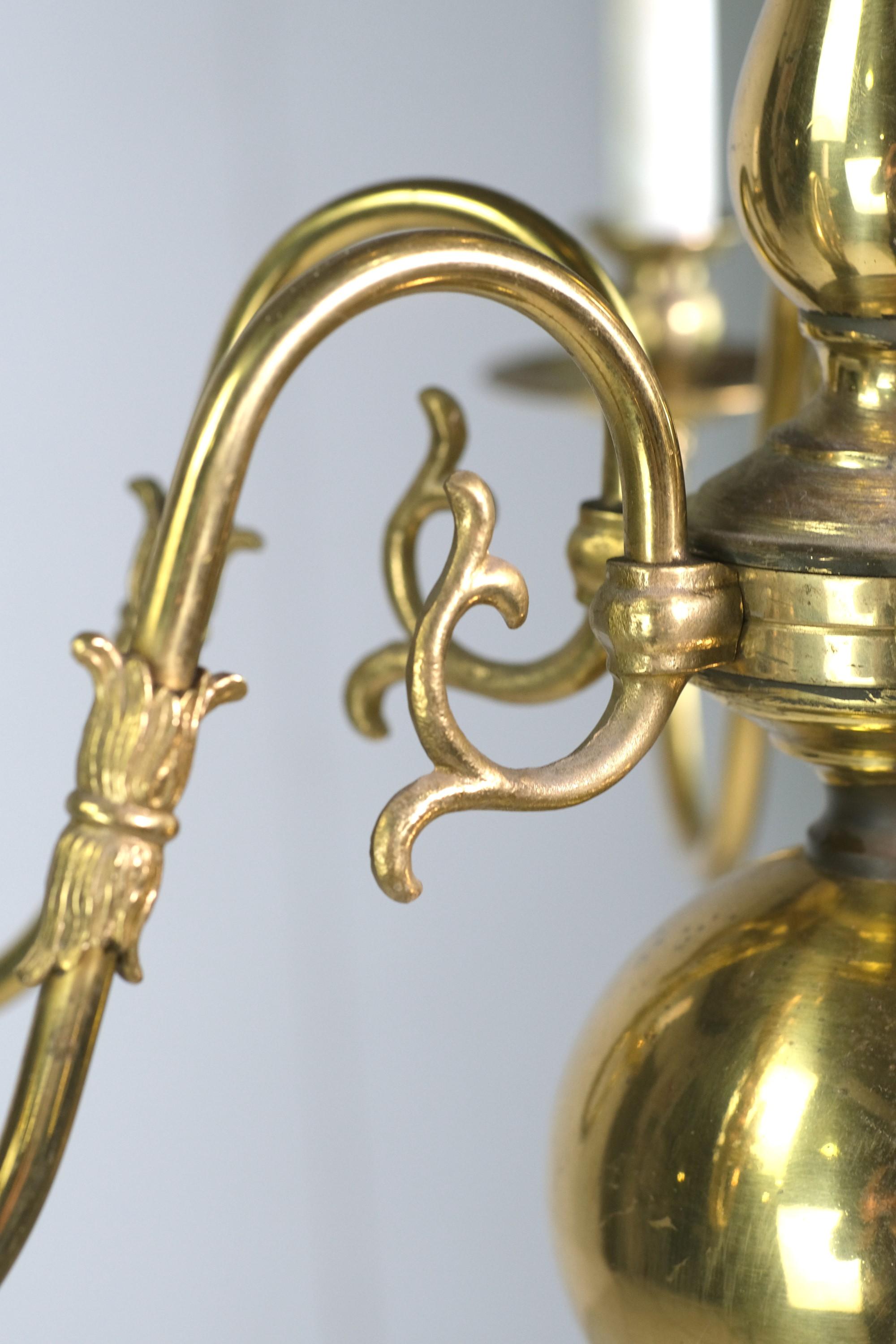 20th Century Williamsburg Style 6 Arm Chandelier Polished Brass Finish